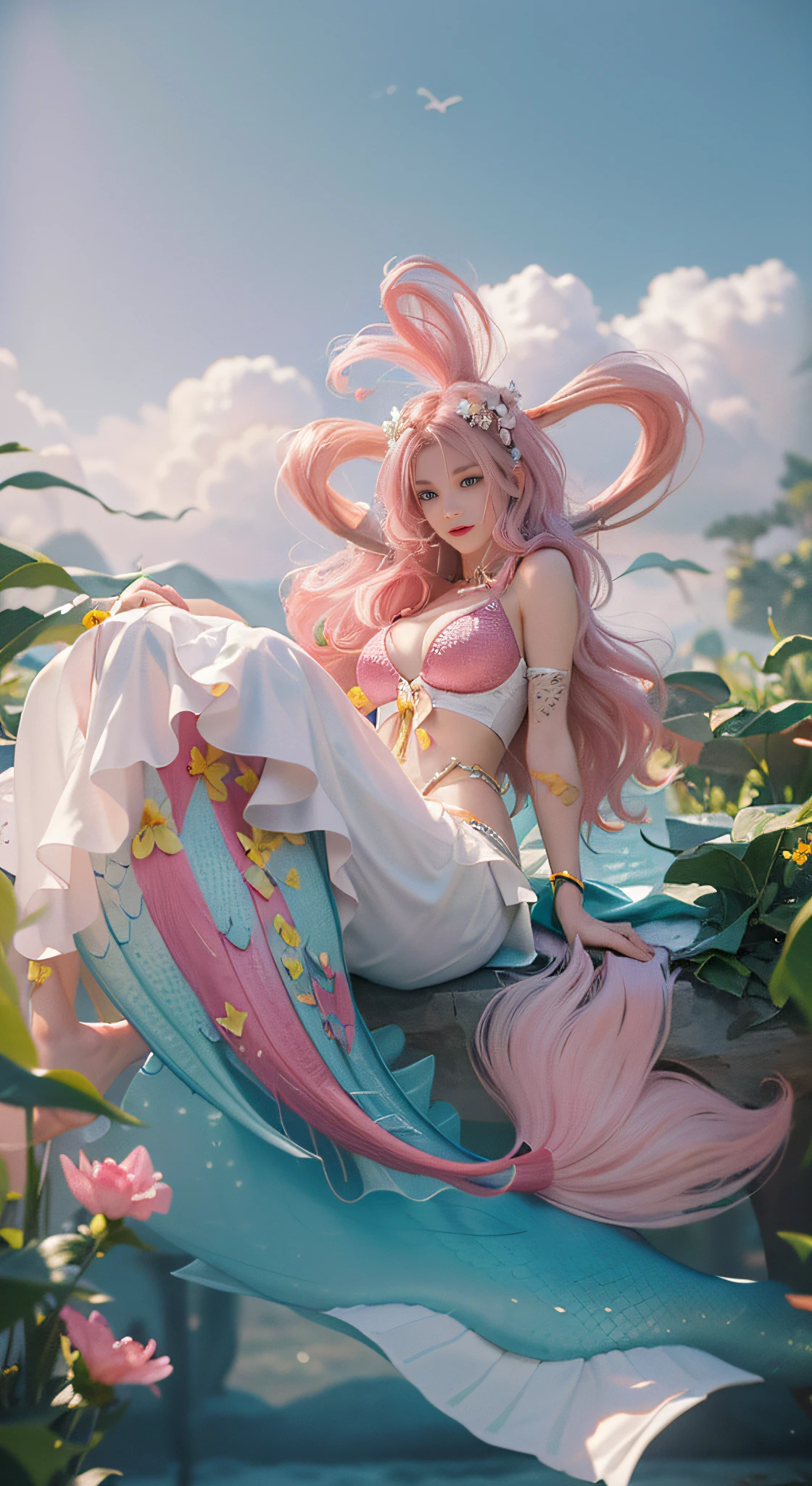 ((Best Quality, 8k, Masterpiece :1.3)), Full Body, Long Legs, Sharp Focus :1.2, A Beautiful Woman with Perfect Body :1.4, Slim Abs :1.1, ((Pink Hair, Huge Breasts :1.2)), (White Skirt, White Ribbon, Yellow Flowers in Hair), Highly Detailed Facial and Skin Texture, Brown Eyes, Beautiful Detailed Eyes, Double Eyelids, Smile, Clear Sky, Professional Lighting, Photon Mapping, Light Energy Transfer, Physical Rendering, ( Pale skin: 1.2), looking at the audience, brightening skin, shooting in the light, red fish tail, no feet, no legs, mermaid