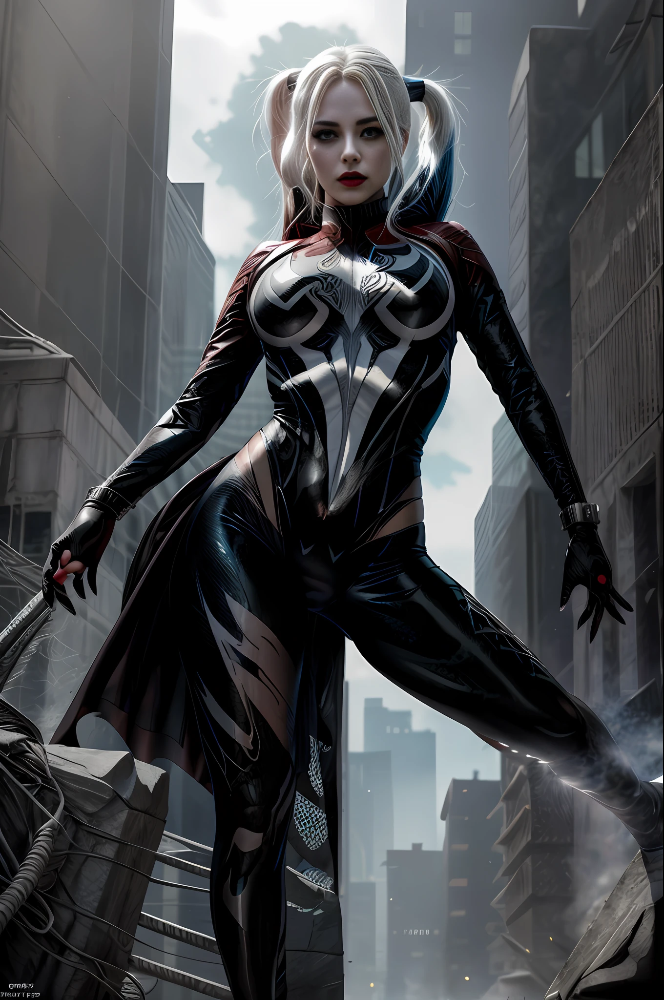 Symbiote, full body front view visible on feet: 1.5, headlights: 1.5, standing role: 1.2, beautiful face: 1.6, full body, DC and Marvel crossover, Harley Quinn and Venom fusion, standing, full body, white background, Harley Quinn hairstyle, Harley Quinn makeup makeup, venom costume, venom symbiote attached body, red lipstick, claw fingers, curved thighs, spider web pattern on torso, white and black color scheme, aggressive pose, highly detailed clothing, symmetrical asymmetry, heavy shadow, slender waist, slender legs, thin gaps, camelto, ((((ultra-detailed))), ((Best Quality))), (Masterpiece))), High Resolution, 8K, Anatomically Correct, Ultra HD Fine Seams, Slim Legs, Thin Waist, Camels, Highly Detailed Garments, (Extreme Detail CG Unity 8K Wallpaper, Masterpiece, Highest Quality), (Exquisite Lighting and Shadows, Highly Dramatic Graphics, Cinematic Lens Effects), Symmetry Asymmetry, Heavy Shadows, (((Ultra Detail))), (Best Quality))), ((Masterpiece))), High Resolution, 8K, Anatomically Correct, UHD, (excellent detail, excellent lighting, wide angle), (excellent rendering is enough to stand out in its class), - No out-of-frame