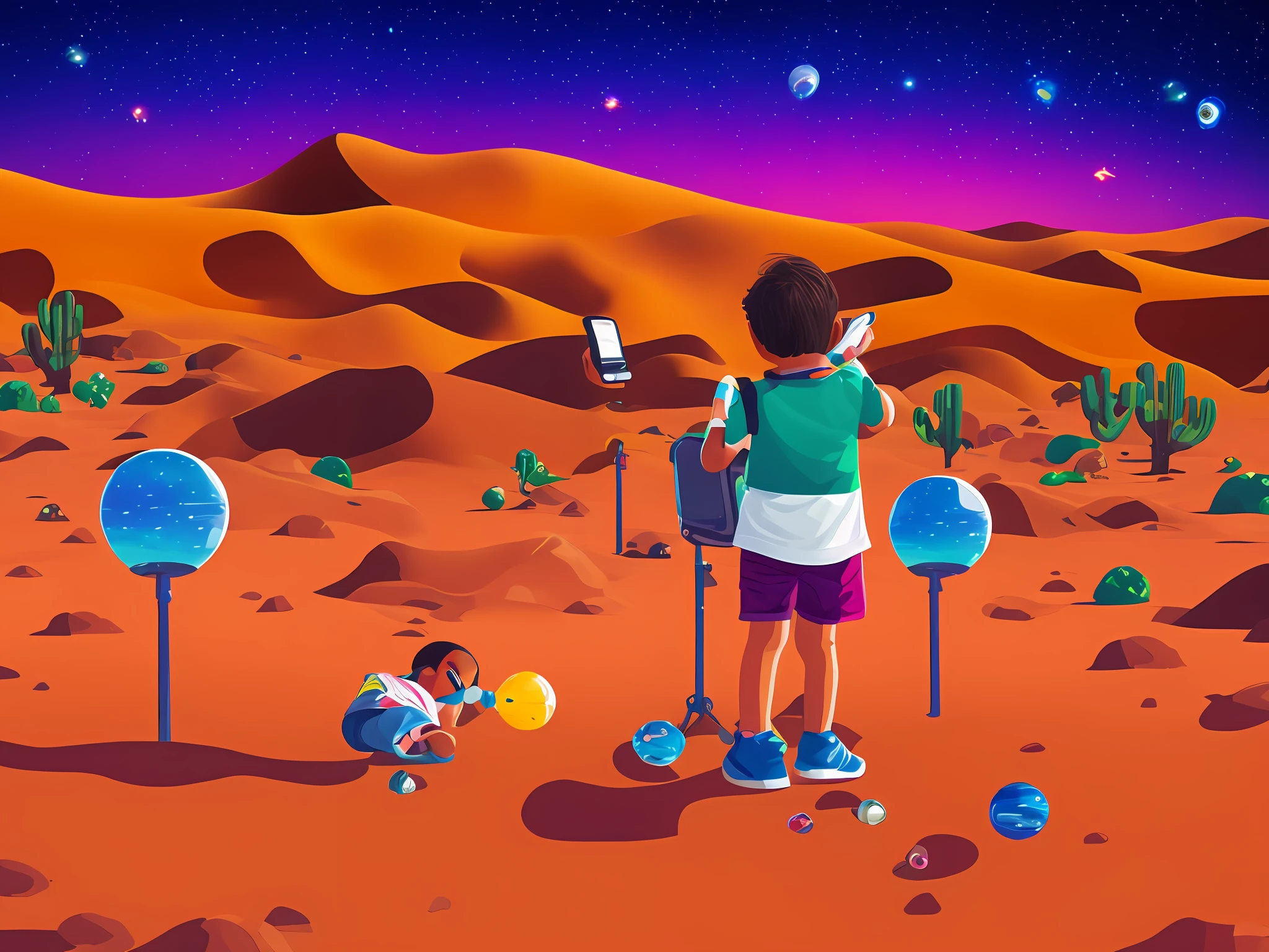 A child standing in the desert looking at a giant cell phone in space