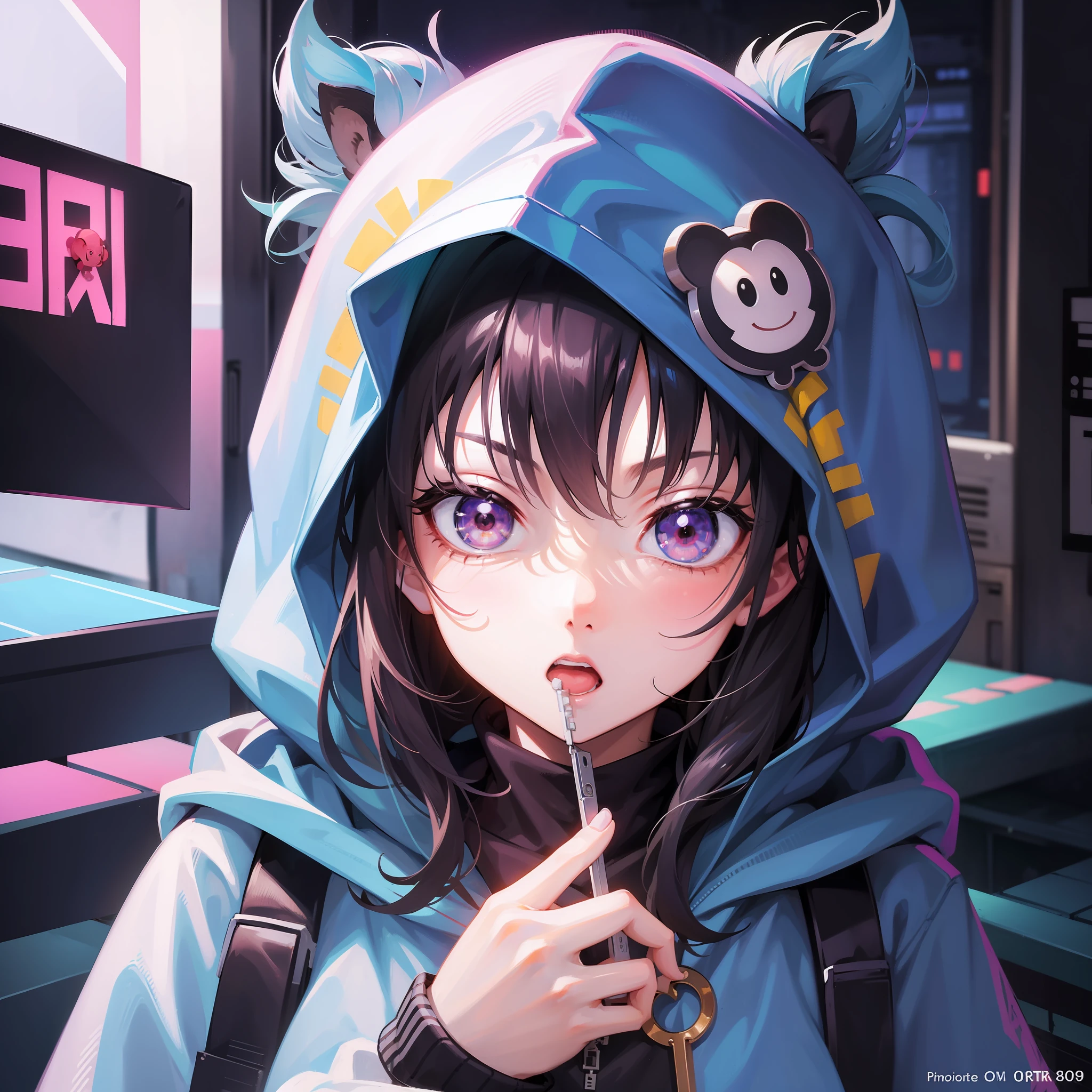 Girl in hoodie, index finger to mouth, facing camera, upper body, monkey, monkey sticker, key anime art, projectile on broken digital art, anime art wallpaper 8K, anime style 4K, badass anime 8K