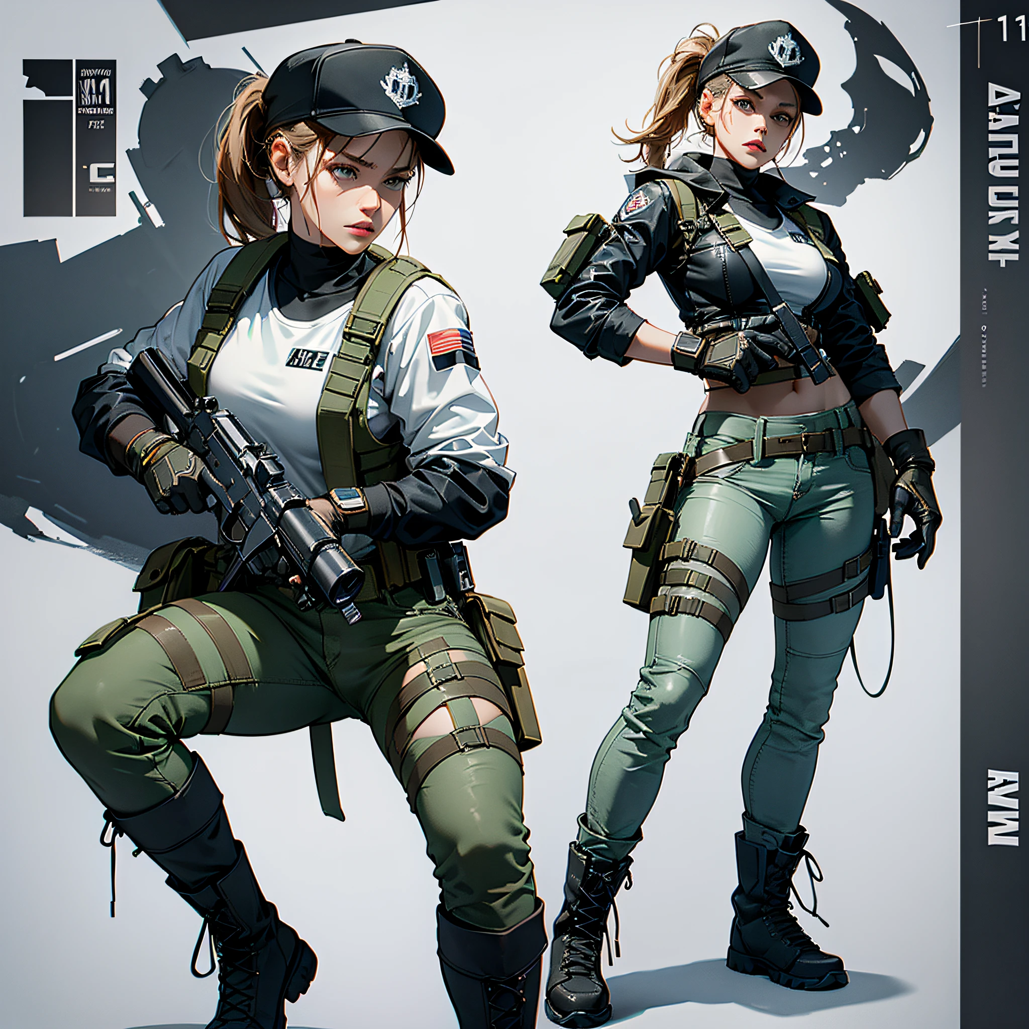 ANIME WOMAN CHARACTER, FULL BODY, standing, ((design sketches)), (masterpiece), white color ponytail hair, extremely detailed, (original design, policeman),(cop poses), (unique accessories, jeans, nike cap, welded boots), professionally retouched, white background, (female: 1.1), (dirty: 1.1), (movement: 0.8), (young: 1.3), (sprint: 0.6) (the walking dead concept) (Metal gear solid concept) (resident evil concept) (tomb raider concept) --auto --s2