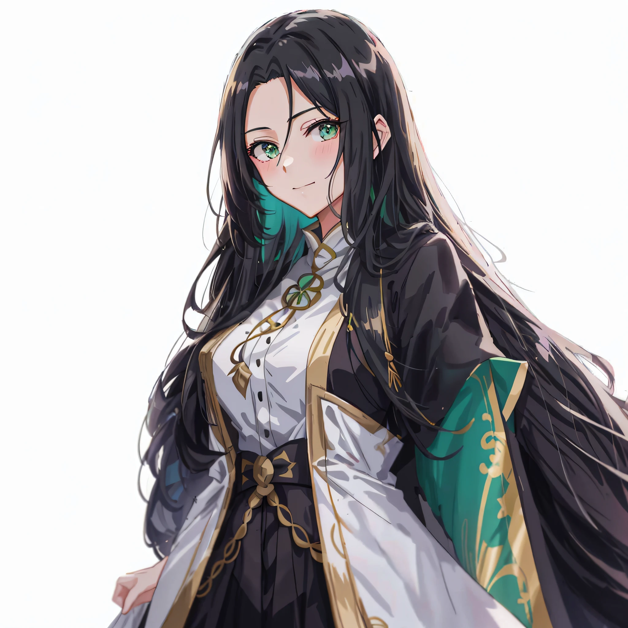 a woman in a black and white dress with a green cape, ayaka genshin impact, portrait knights of zodiac girl, anime girl with long hair, female anime character, keqing from genshin impact, palutena, astri lohne, demon slayer rui fanart, highly detailed exquisite fanart, detailed anime character art, onmyoji portrait, from girls frontline, slight smile, blushing cheeks, gentle eyes, downturned eyes