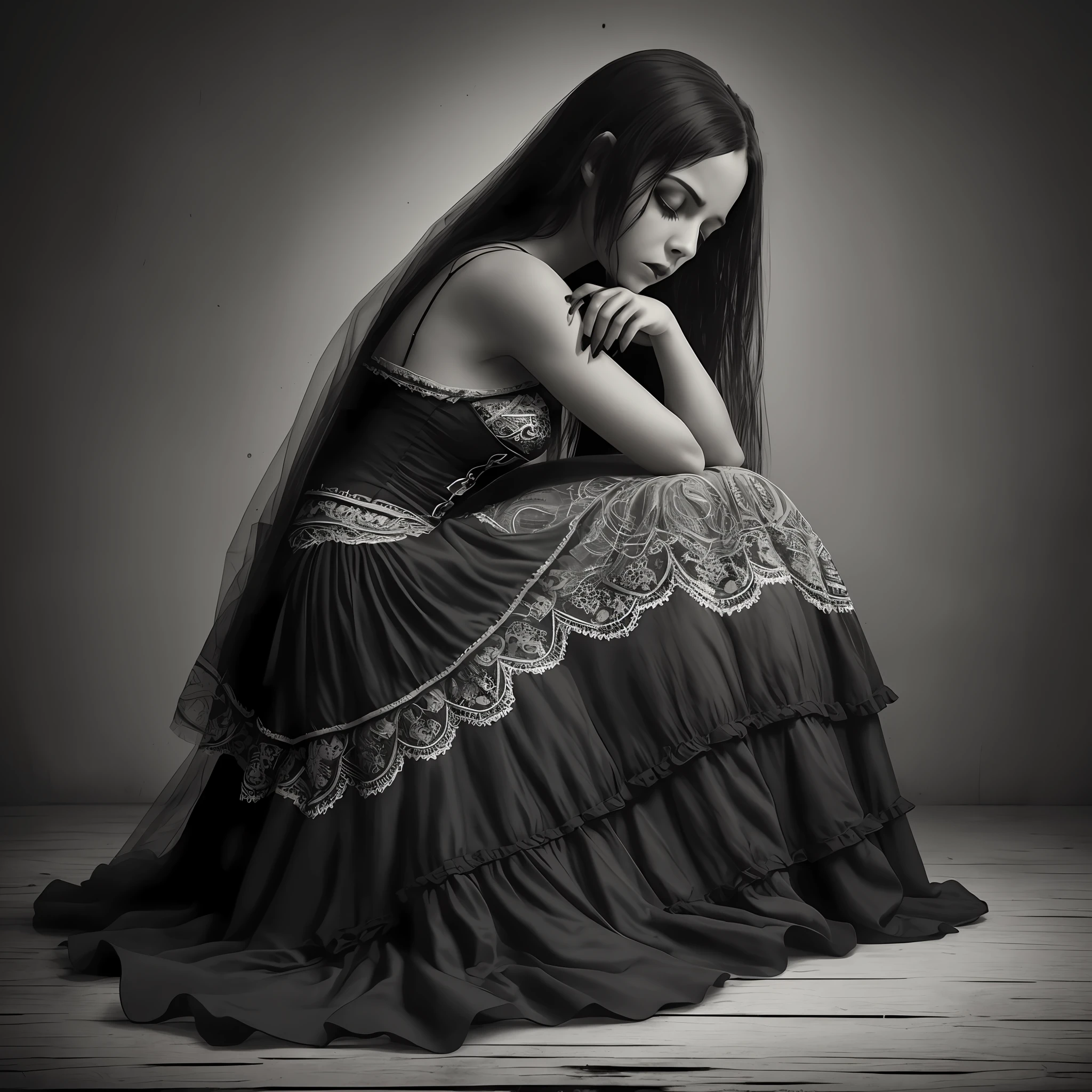 (best quality), (top quality), (dark), (full body), (melancholy), (sadness), (agony), (terror), (horror), (black and white), (realistic photo) gothic woman playing piano --auto --s2