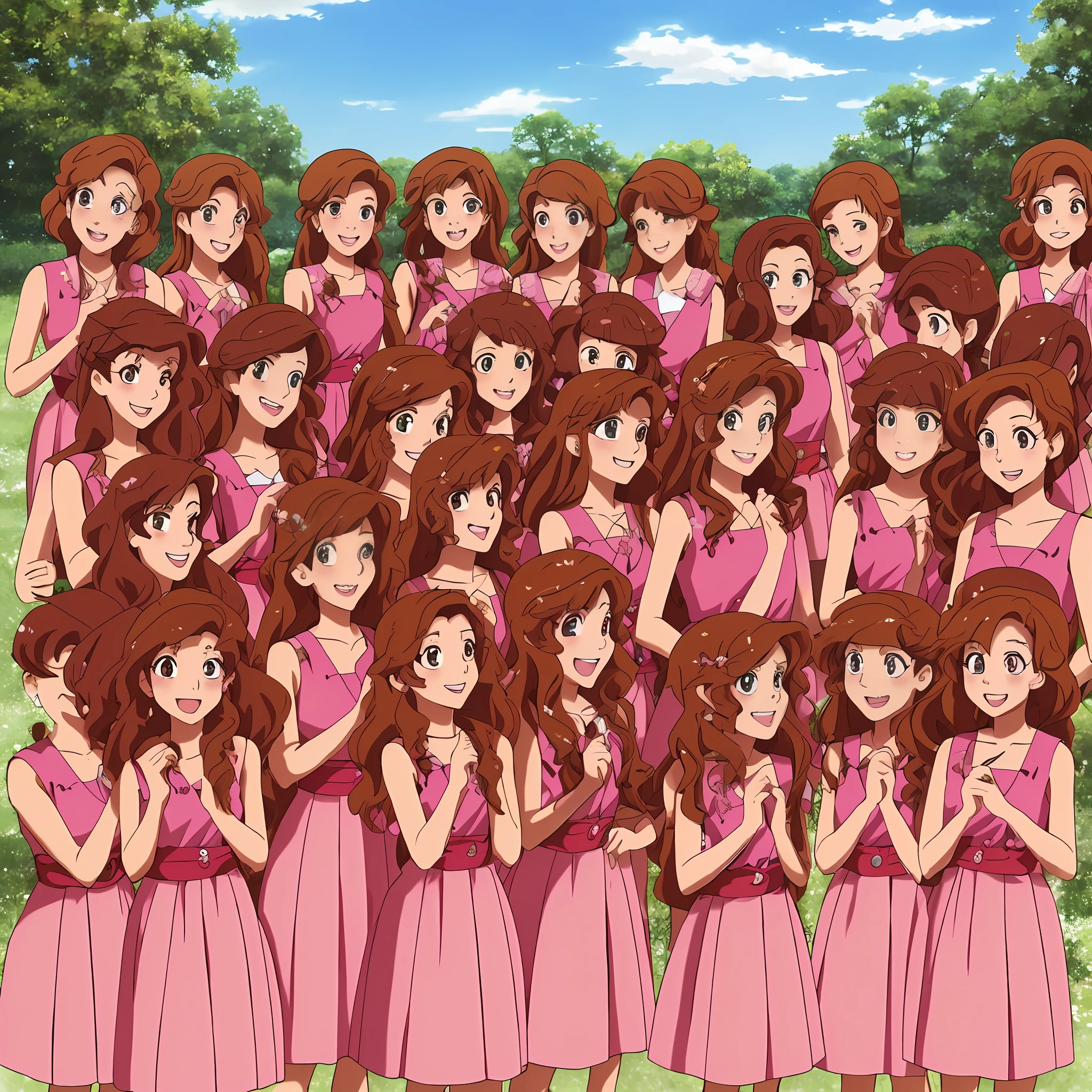 perfect anime illustration, multiple girls, clones, identical sisters, brown hair, curly hair, long hair, matching hairstyle, hazel eyes, smiling, pink sleeveless dresses, elegant dresses, highres, full body, bare legs, neat rows of sisters