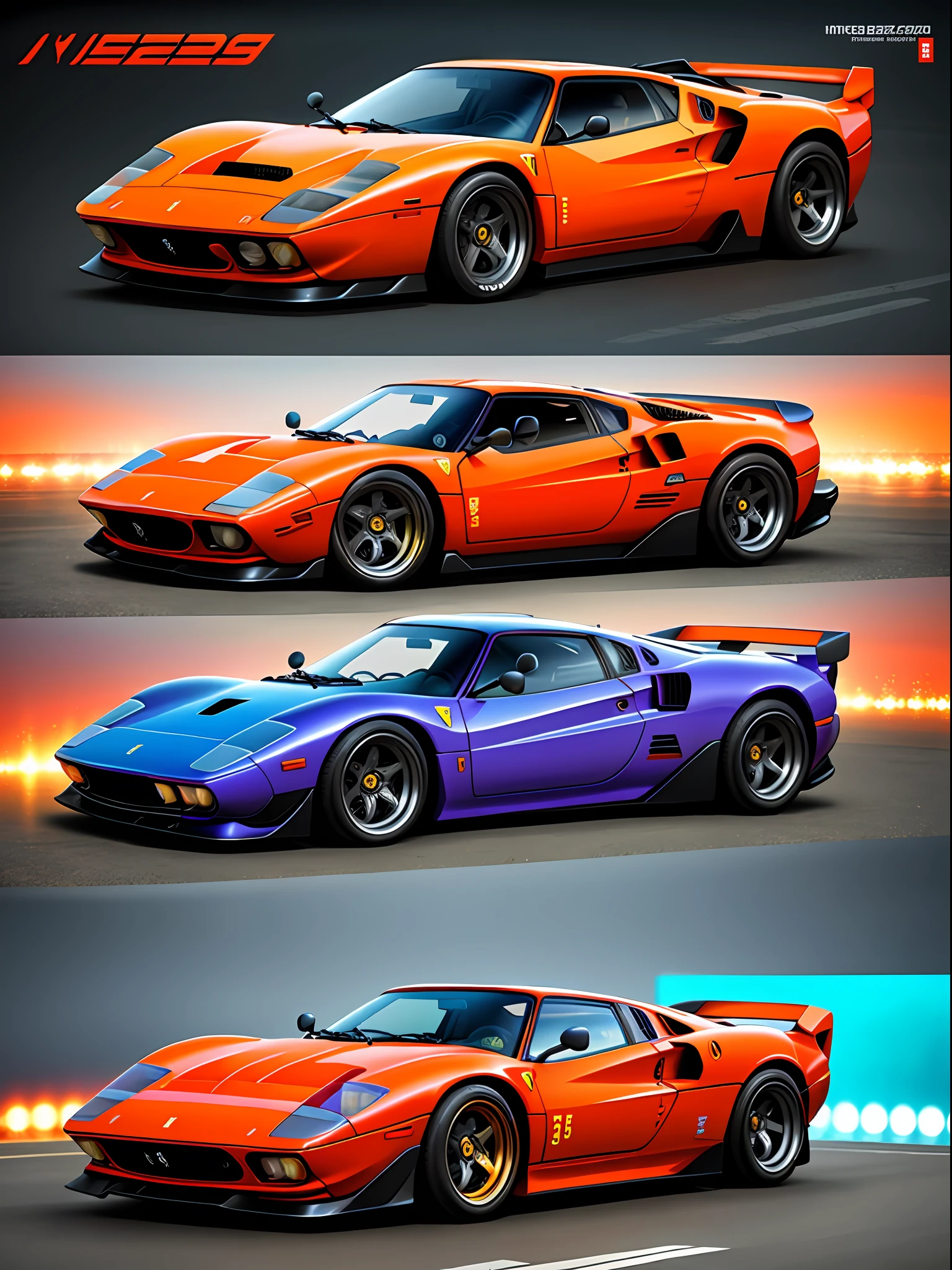 "Cyberpunk style image with side view, emphasizing the vibrant colors of the Ferrari 280 GTO red and orange (weight 1.3), presenting a dramatic countenance and a high density of detail."