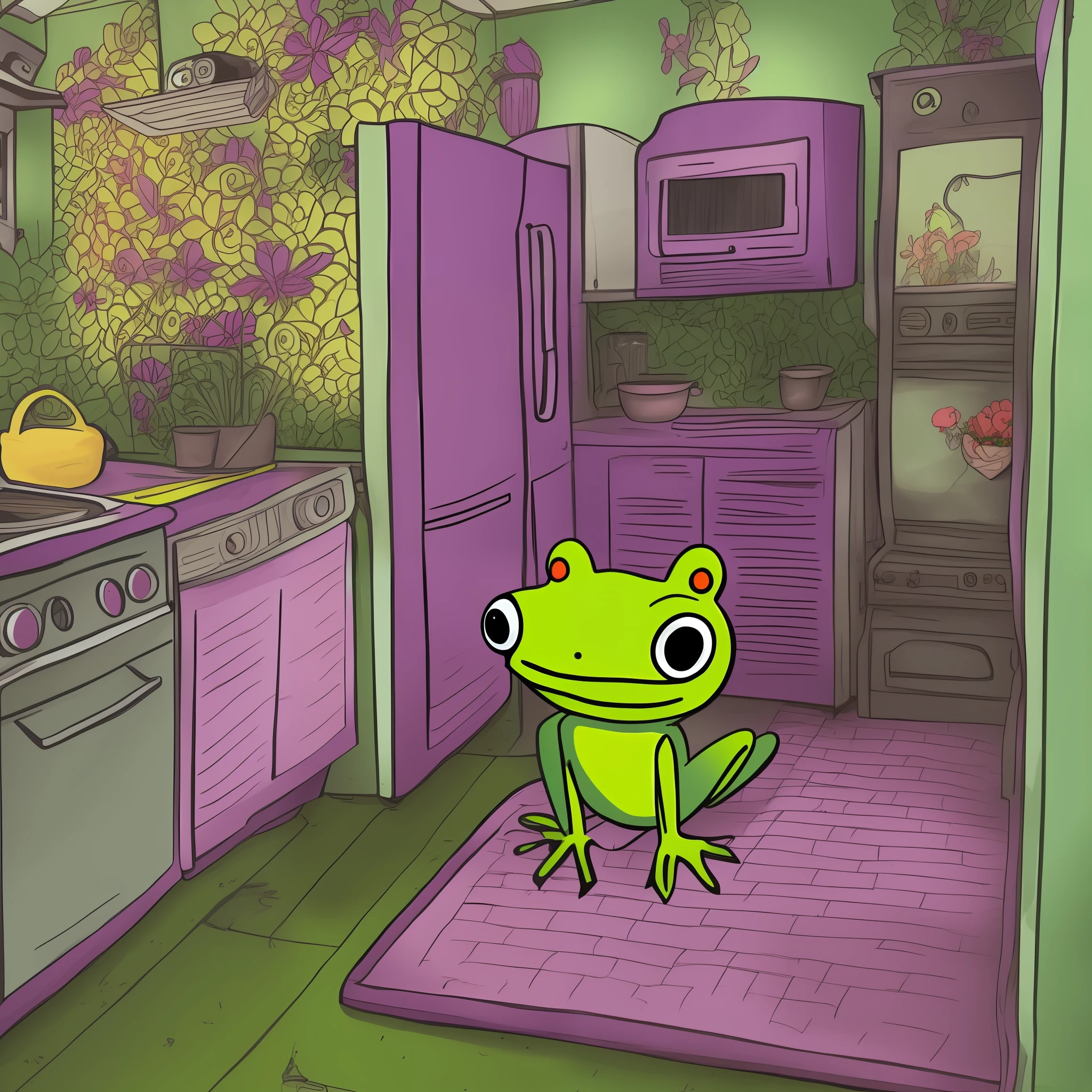 black refrigerator with a frog in a kitchen with a purple carpet, a photo of Amelia Peláez, reddit contest winner, graffiti, themed frog, refrigerator, peepo the froggy!!!, froggy, froggy, toad, cute frog, :3, frogs, refrigerator, grogu, complete device, vintage refrigerator, hand painted, :6, ready to eat, vintage --auto --s2