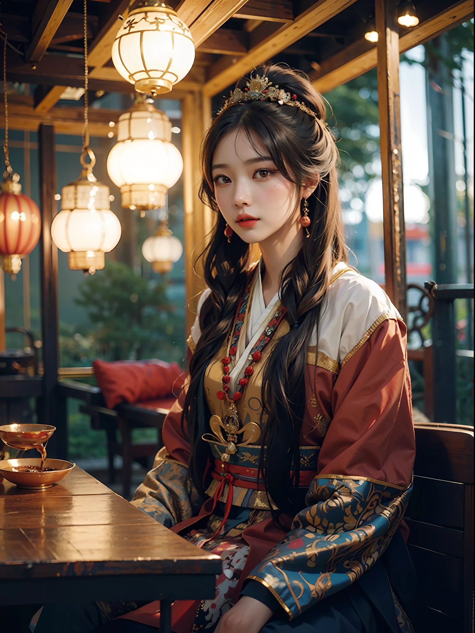 a close up of a woman sitting at a table with a cup of coffee, palace , a girl in hanfu, a young woman as genghis khan, beautiful oriental woman, chinese woman, chinese girl, chinese princess, an asian woman, a young asian woman, ancient chinese princess, asian woman, wearing ancient chinese clothes, traditional beauty, young asian girl