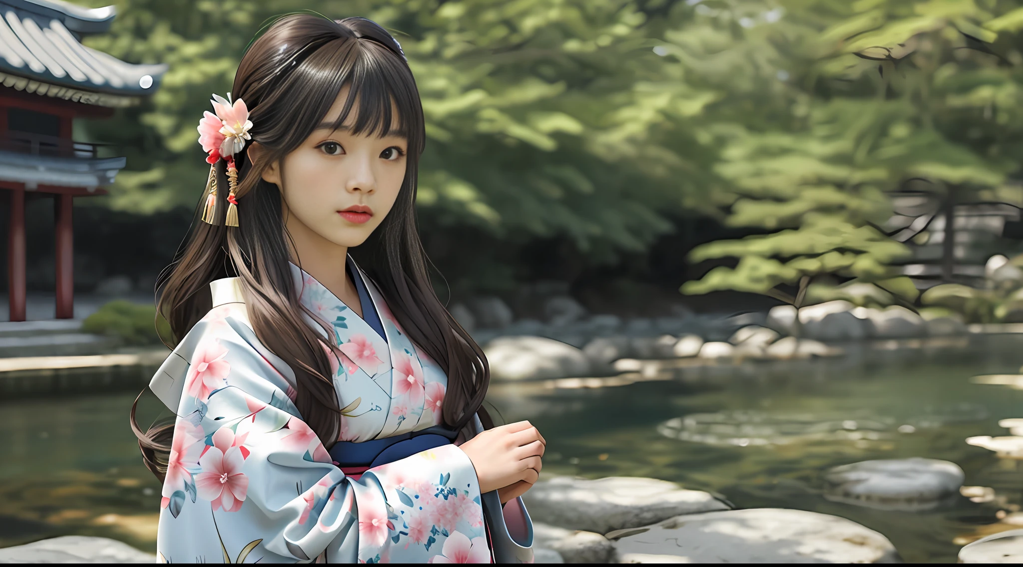 1 girl, solo, outdoor, cute japanese model girl, (kimono with long hair), floral print, hair accessory, looking at the audience, hair flower, brown eyes, bangs, masterpiece, best quality, reality,
