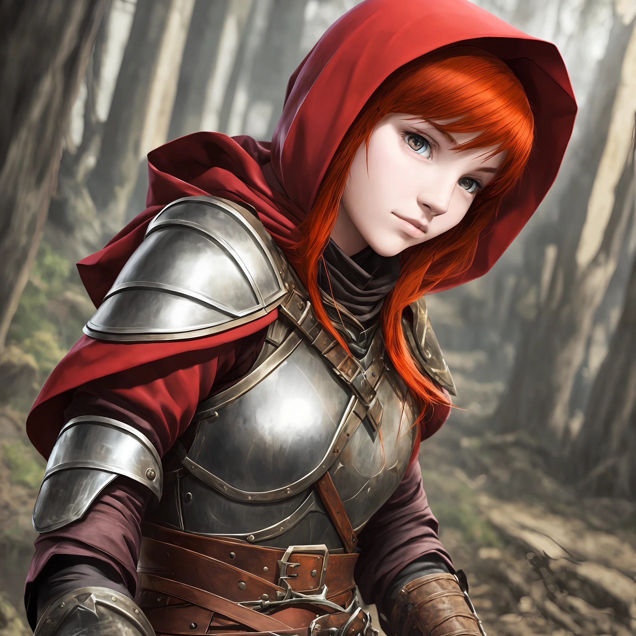 A teenage girl, with tawny skin, fiery red hair, and an enchanting gaze, donning a black hood and armor. She wears gloves, and one gloved hand rests on the hilt of a longsword secured at her waist. --auto --s2