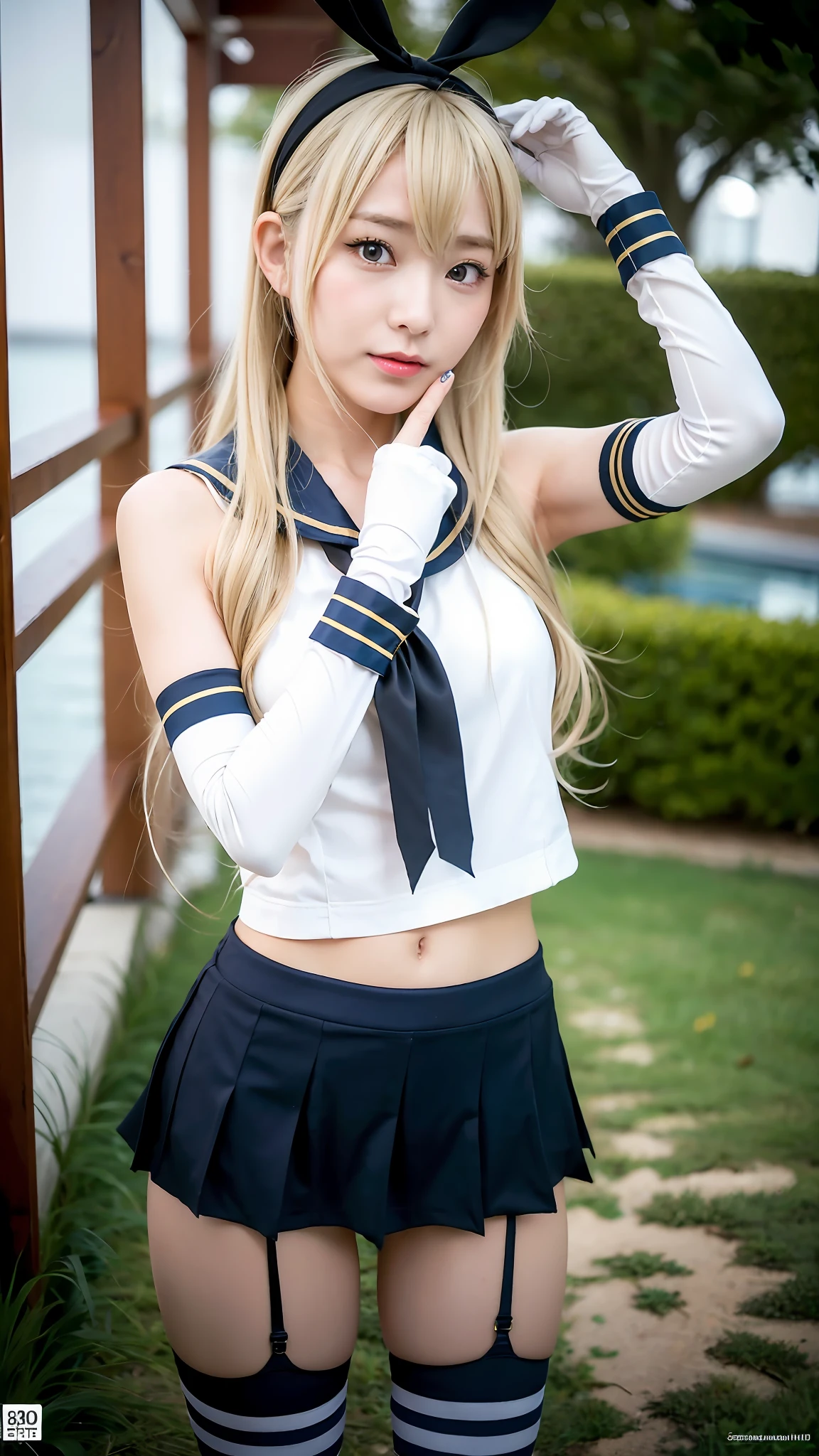 (Best quality, 8k, 32k, Masterpiece, UHD:1.2), (realistic), (photorealistic:1.2), ultra-detailed, extremely beautiful face & eyes, shimakaze, blonde hair, striped thighhighs, microskirt, elbow gloves, sailor collar, anchor hair ornament, highleg panties, black panties, loli, 1girl, round small face, slim proportions, Photo of Pretty Japanese woman, \(Kantai Collection shimakaze\),