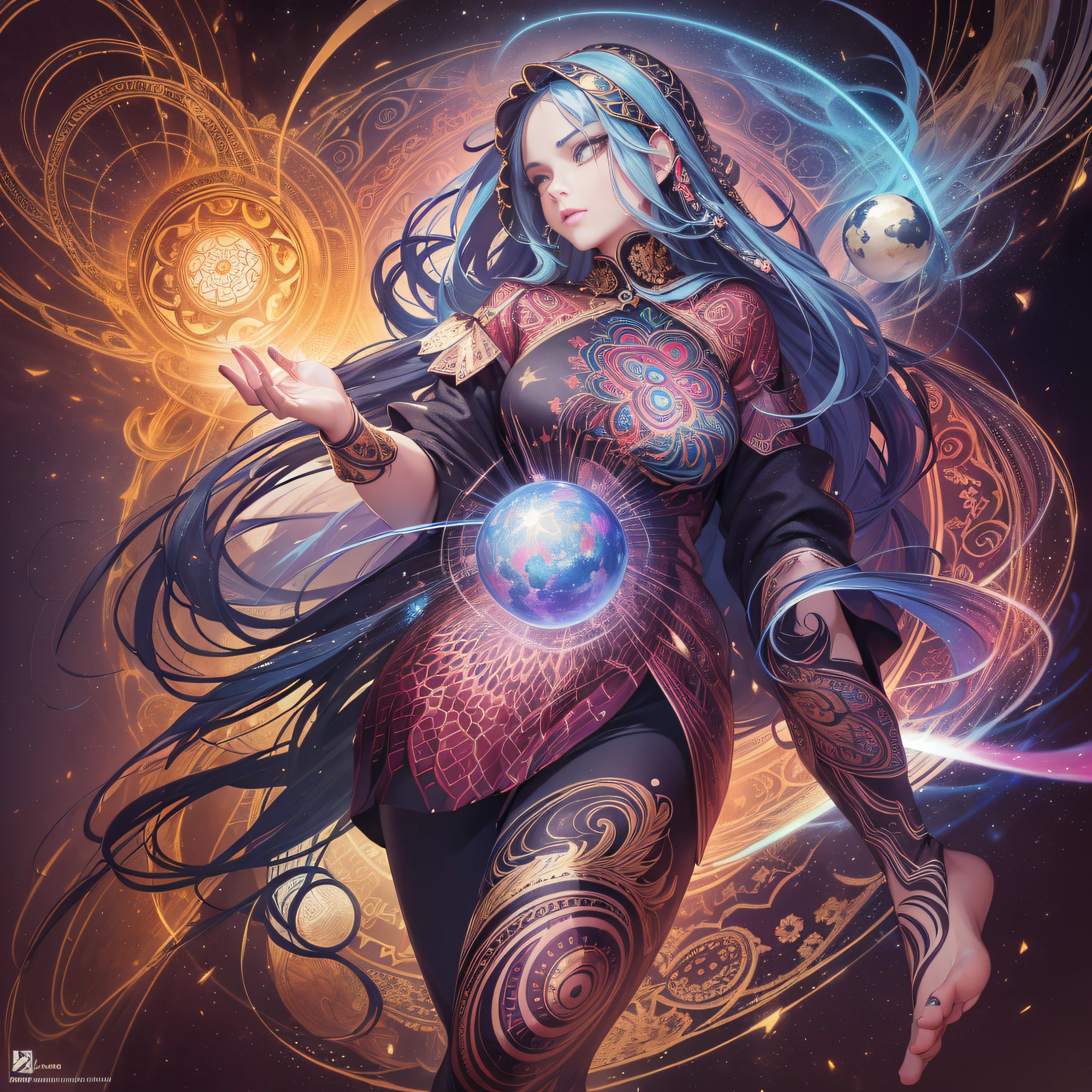 ((Best Quality, 8k, Masterpiece :1.3)) Beautiful woman: 1.3, beautiful face with good sharpness, full body, saturated colors, psychedelic image, LSD, mandala, fractral, costume, tattoo, painted body, art similar to Alex Grey's art, lots of color saturation, vortex, planet earth, galaxy, with lots of lighting, shading and contrast, eyes well centered and with contrast, 3D depth, no clothes