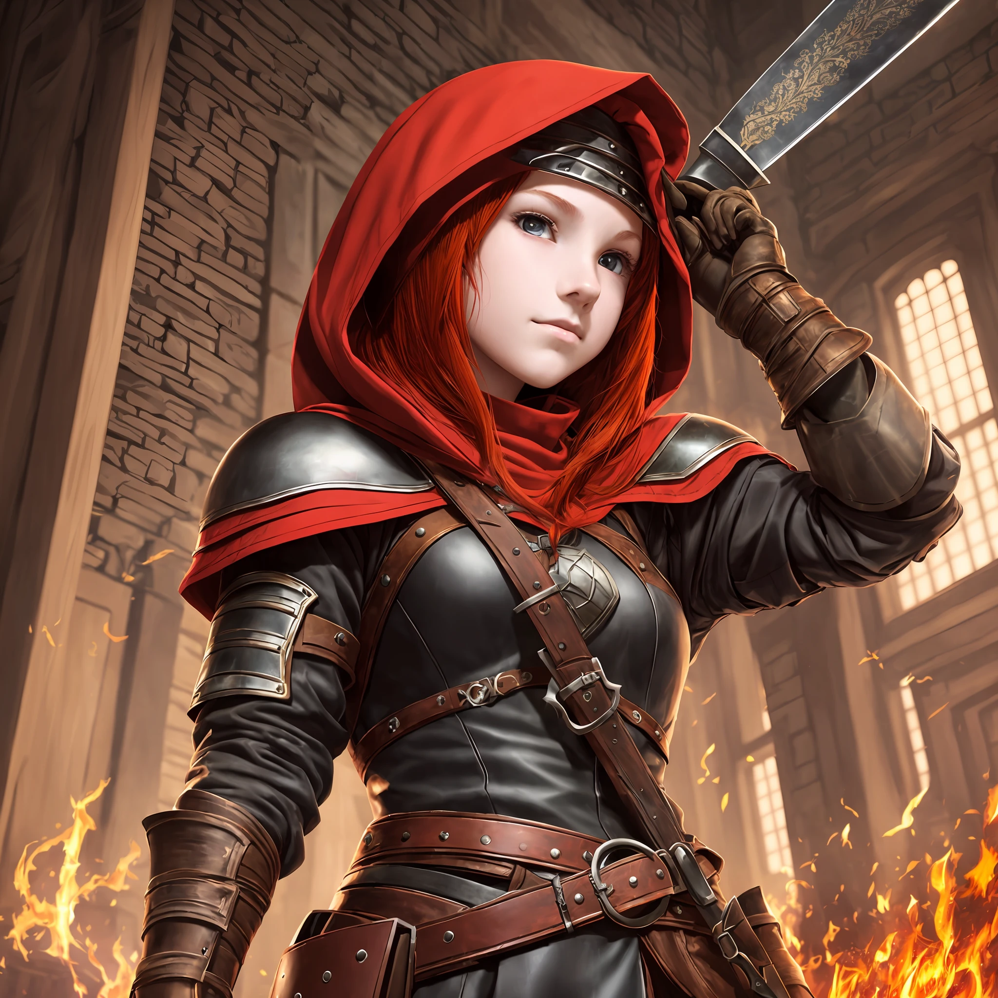 A teenage girl, with tawny skin, fiery red hair, and an enchanting gaze, donning a black hood and armor. She wears gloves, and one gloved hand rests on the hilt of a longsword secured at her waist. --auto --s2