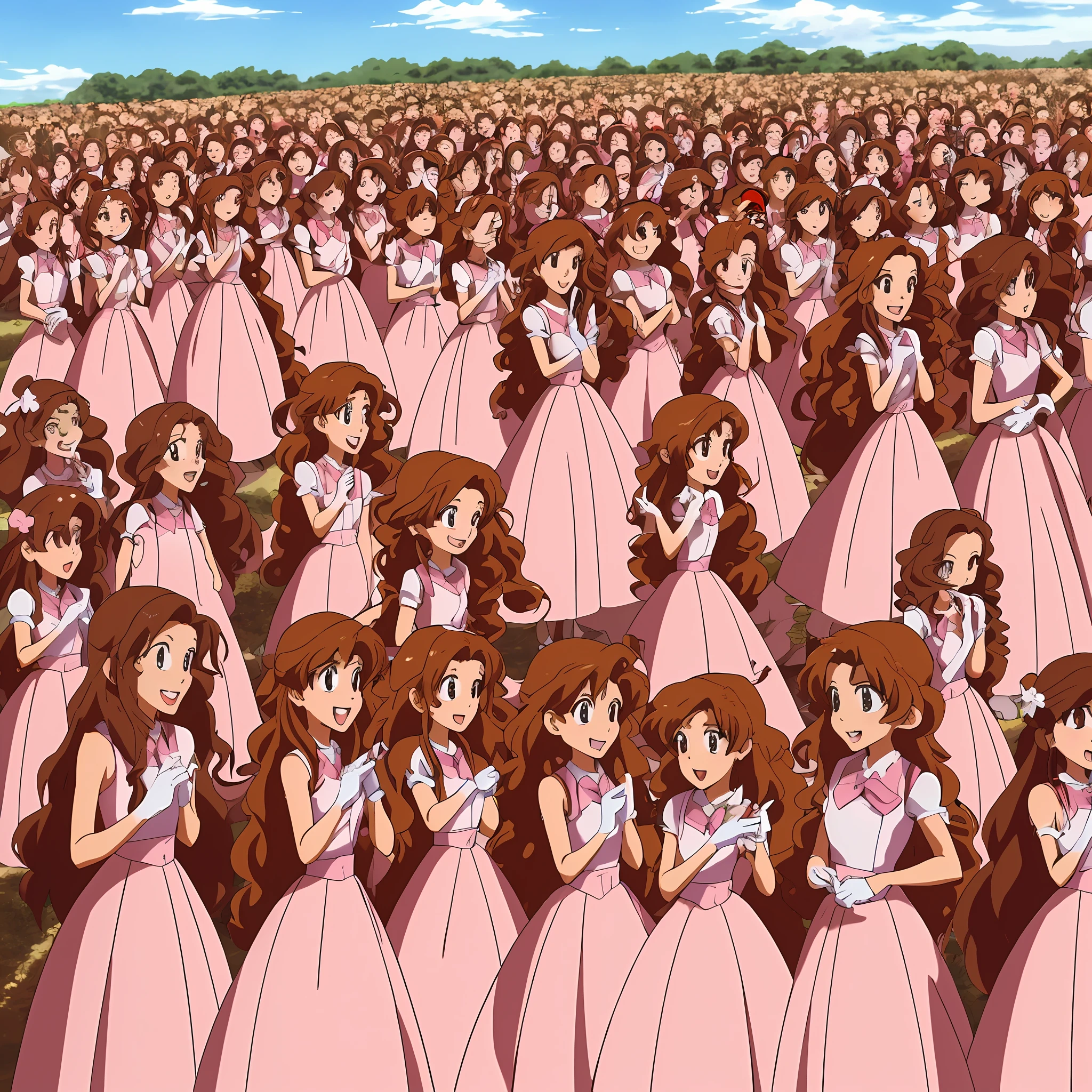 perfect anime illustration, multiple girls, clones, identical sisters, brown hair, curly hair, long hair, matching hairstyle, hazel eyes, smiling, pink sleeveless dresses, elegant dresses, white arm length gloves, high heels, highres, full body, bare legs, neat rows of sisters