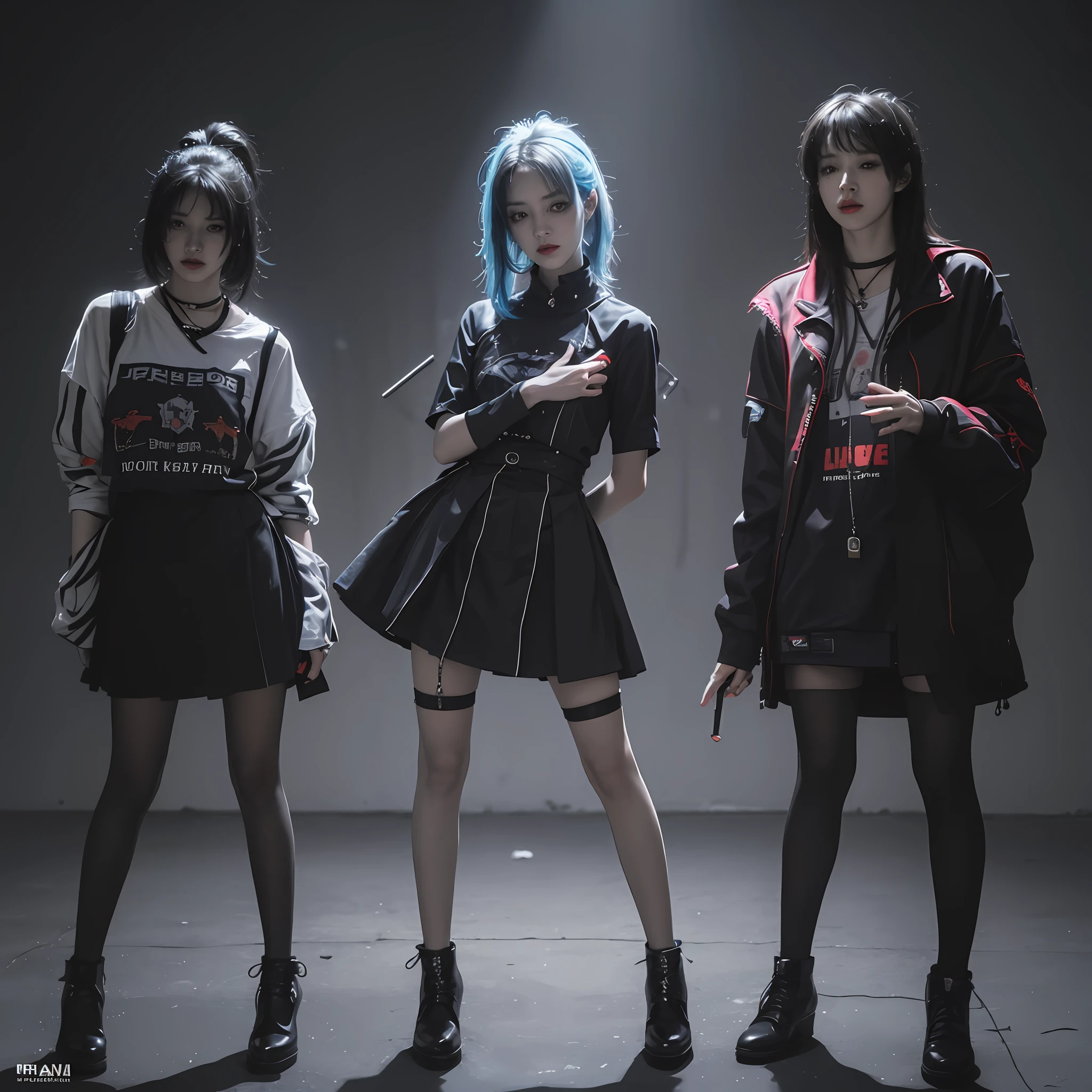 (best quality), (top quality), (dark), (full body), (melancholy), (sadness), (agony), (terror), (horror), (vibrant colors, neon), (realistic photo), (real photo) dark women's musical band, (vocalist, guitarist, drummer and bassist) --auto --s2