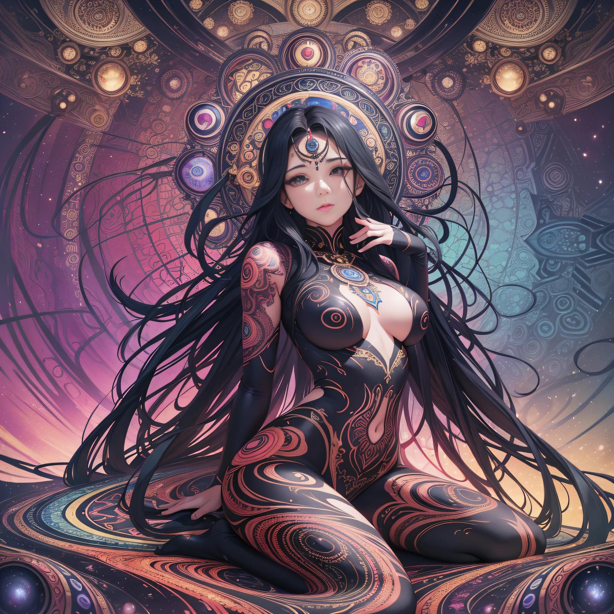 ((Best Quality, 8k, Masterpiece :1.3)) beautiful woman: 1.3, beautiful face with good sharpness, full body, saturated colors, psychedelic image, LSD, mandala, fractral, costume, tattoo, painted body, art similar to Alex Grey's art, lots of color saturation, vortex, planet earth, galaxy, with lots of lighting, shading and contrast, eyes well centered and with contrast, 3D depth, no clothes, 8 arms like an octopus, sitting on its back