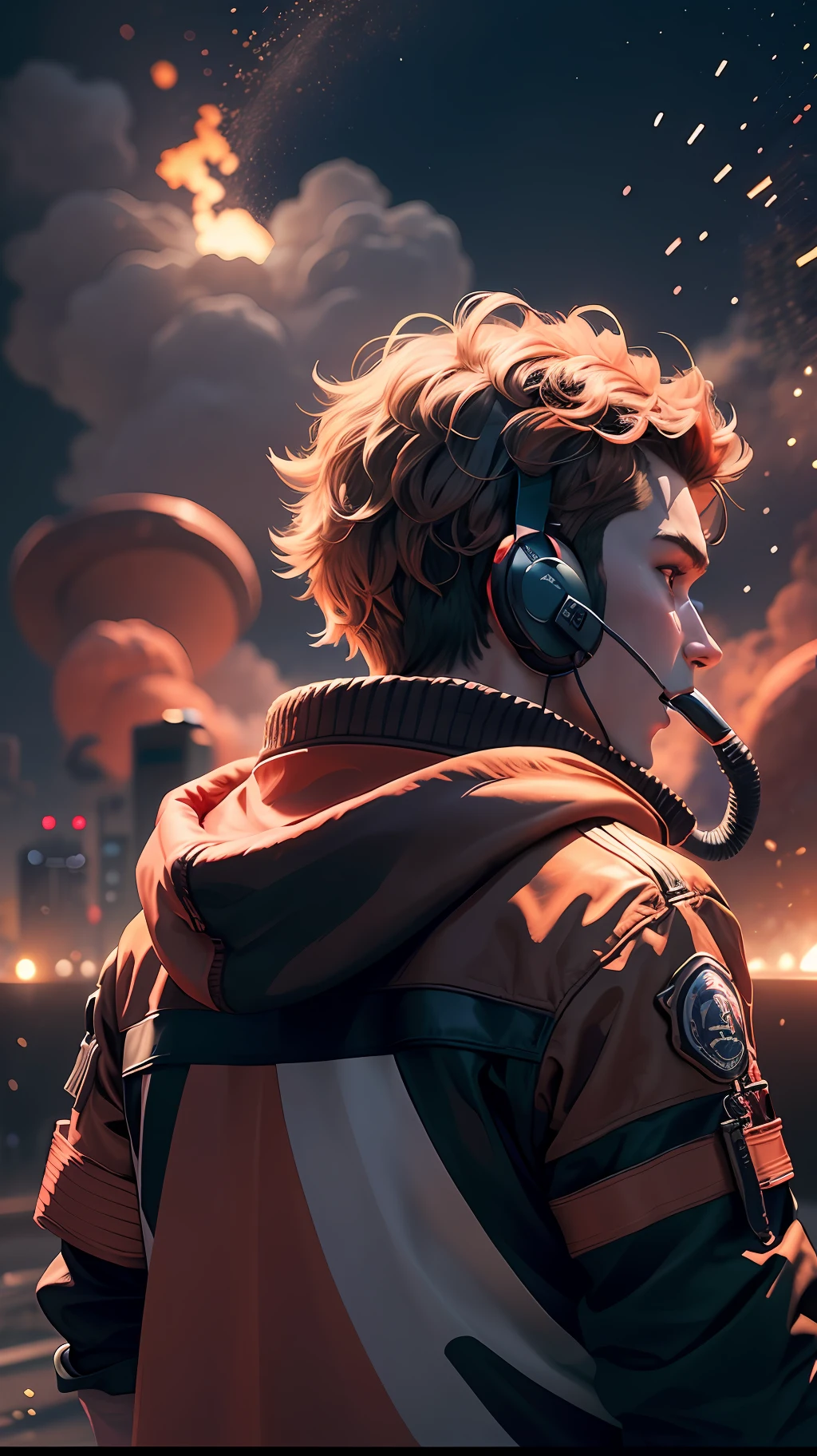 panorama, night, a young man with a red jacket and a headset who loves to livestream while he eats and competes in speed eating contests, a battleground with explosions and vehicles from Free Fire, 16k, realistic