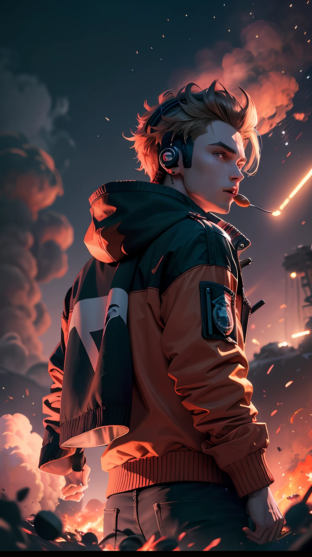 panorama, night, a young man with a red jacket and a headset who loves to livestream while he eats and competes in speed eating contests, a battleground with explosions and vehicles from Free Fire, 16k, realistic