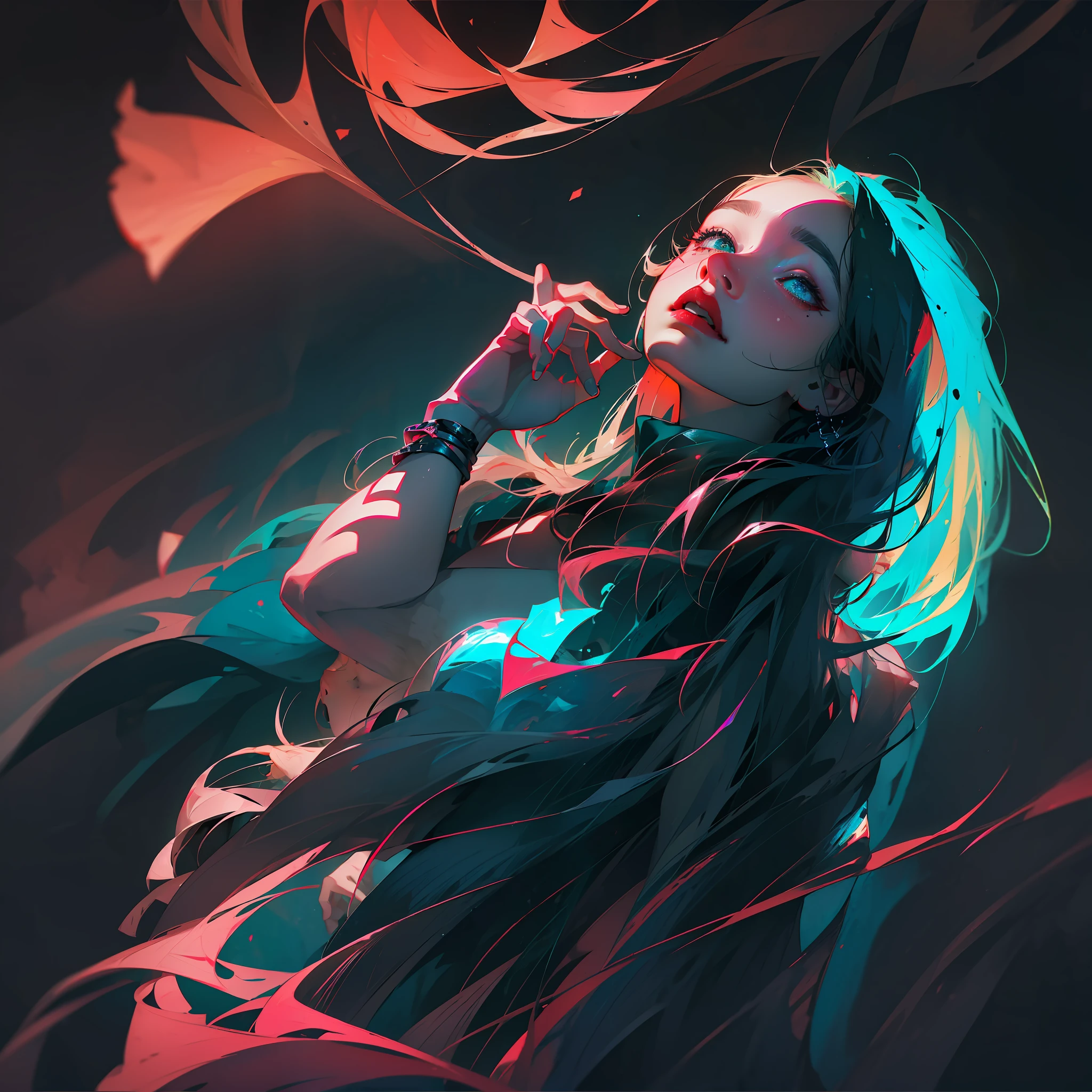(best quality), (top quality), (dark), (full body), (melancholy), (sadness), (agony), (terror), (horror), (vibrant colors, neon), (realistic photo), (real photo) dark women's musical band --auto --s2