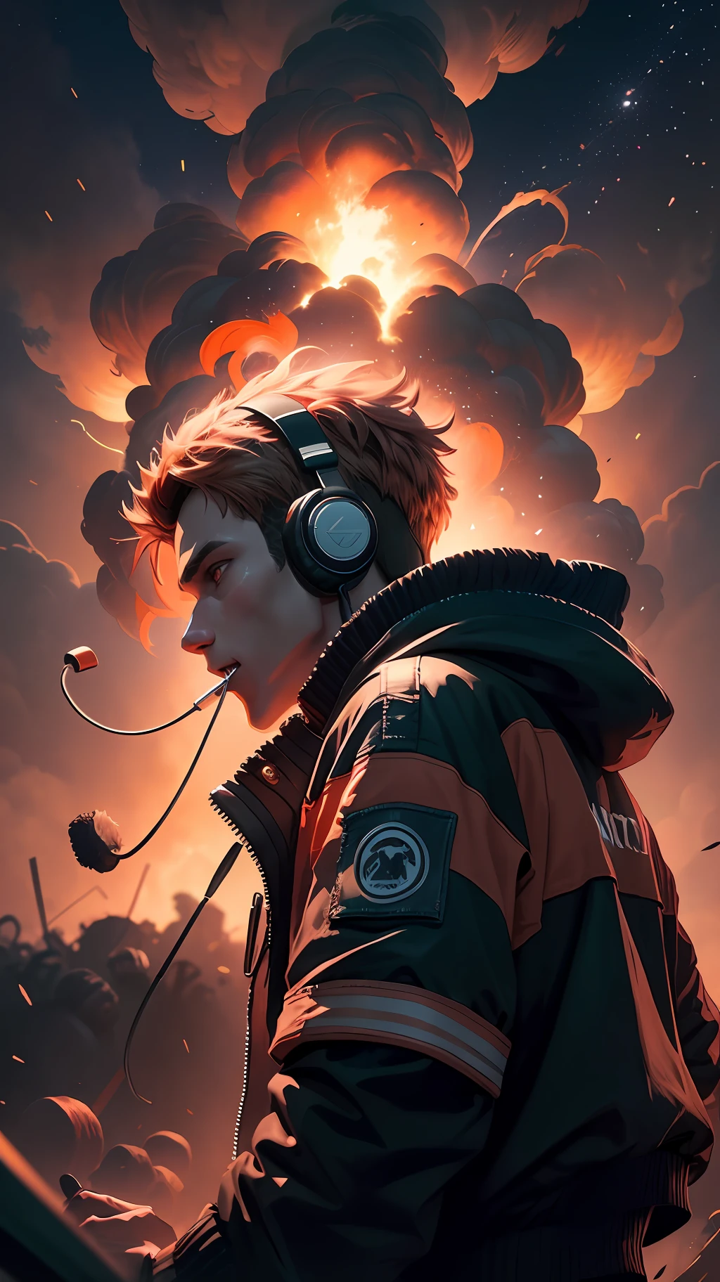 panorama, night, a young man with a red jacket and a headset who loves to livestream while he eats and competes in speed eating contests, a battleground with explosions and vehicles from Free Fire, 16k, realistic