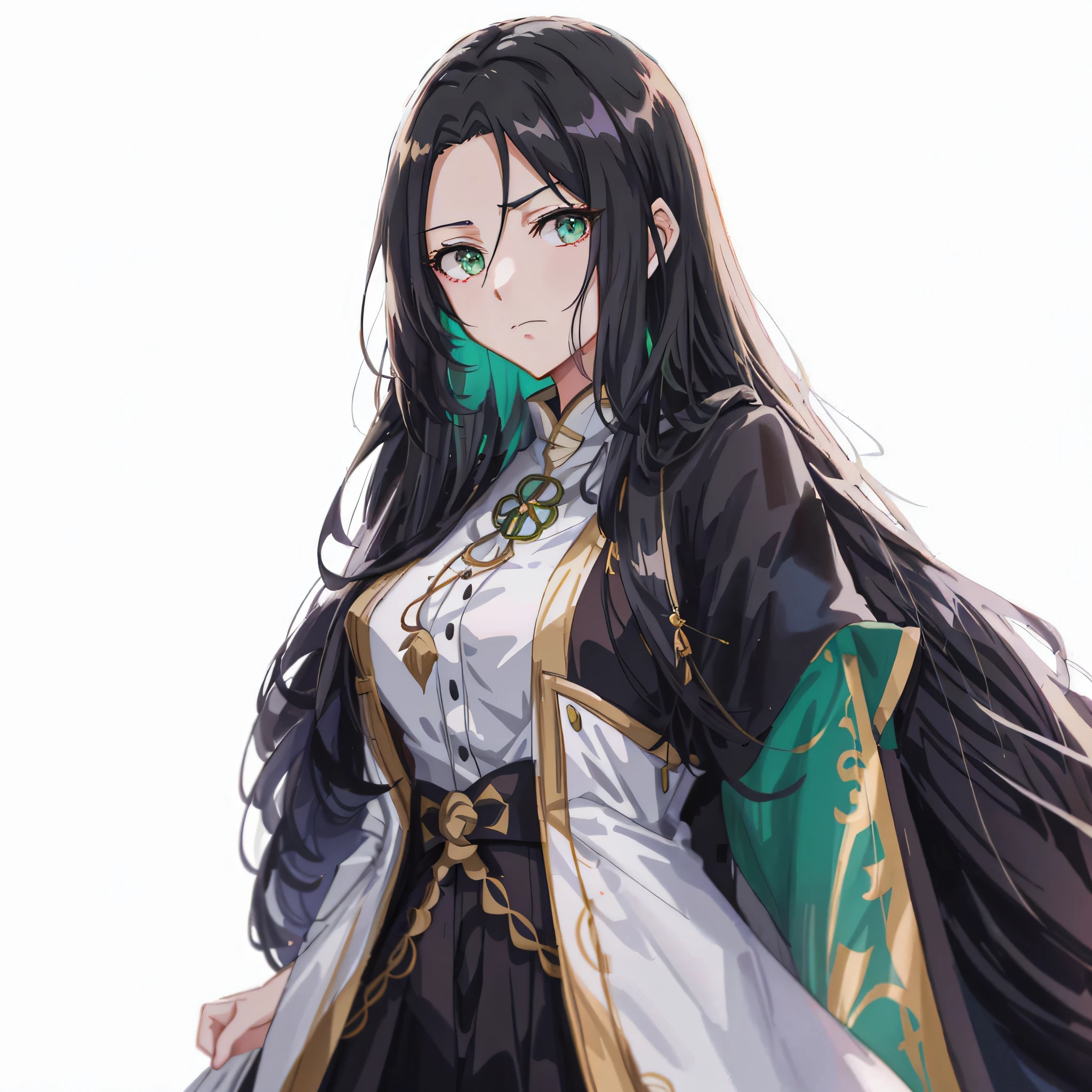 a woman in a black and white dress with a green cape, ayaka genshin impact, portrait knights of zodiac girl, anime girl with long hair, female anime character, keqing from genshin impact, palutena, astri lohne, demon slayer rui fanart, highly detailed exquisite fanart, detailed anime character art, onmyoji portrait, from girls frontline, wide eyes, fear, scowl, tense mouth, panicking