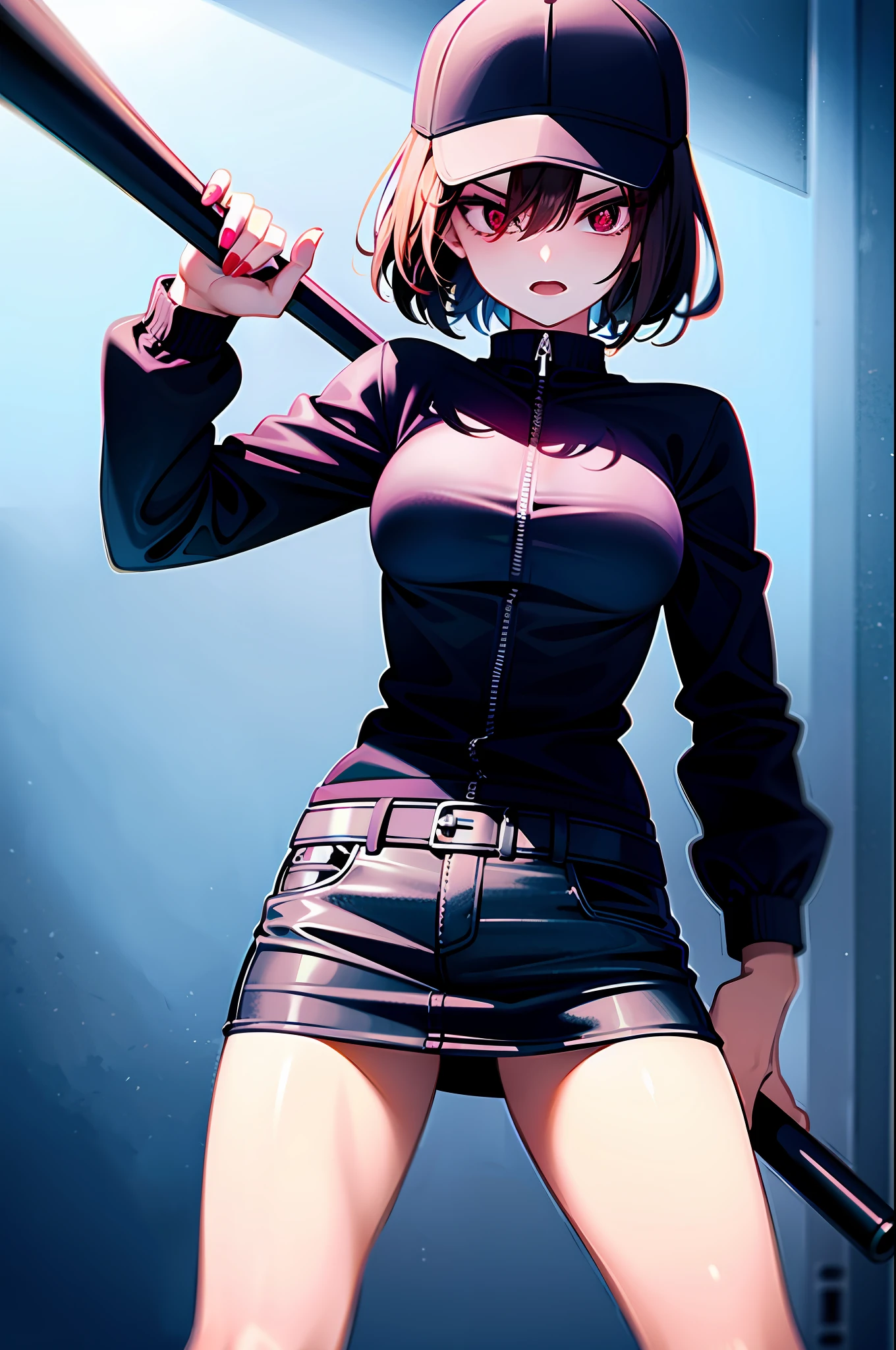 An evil girl wearing a short coat holding a black baseball bat