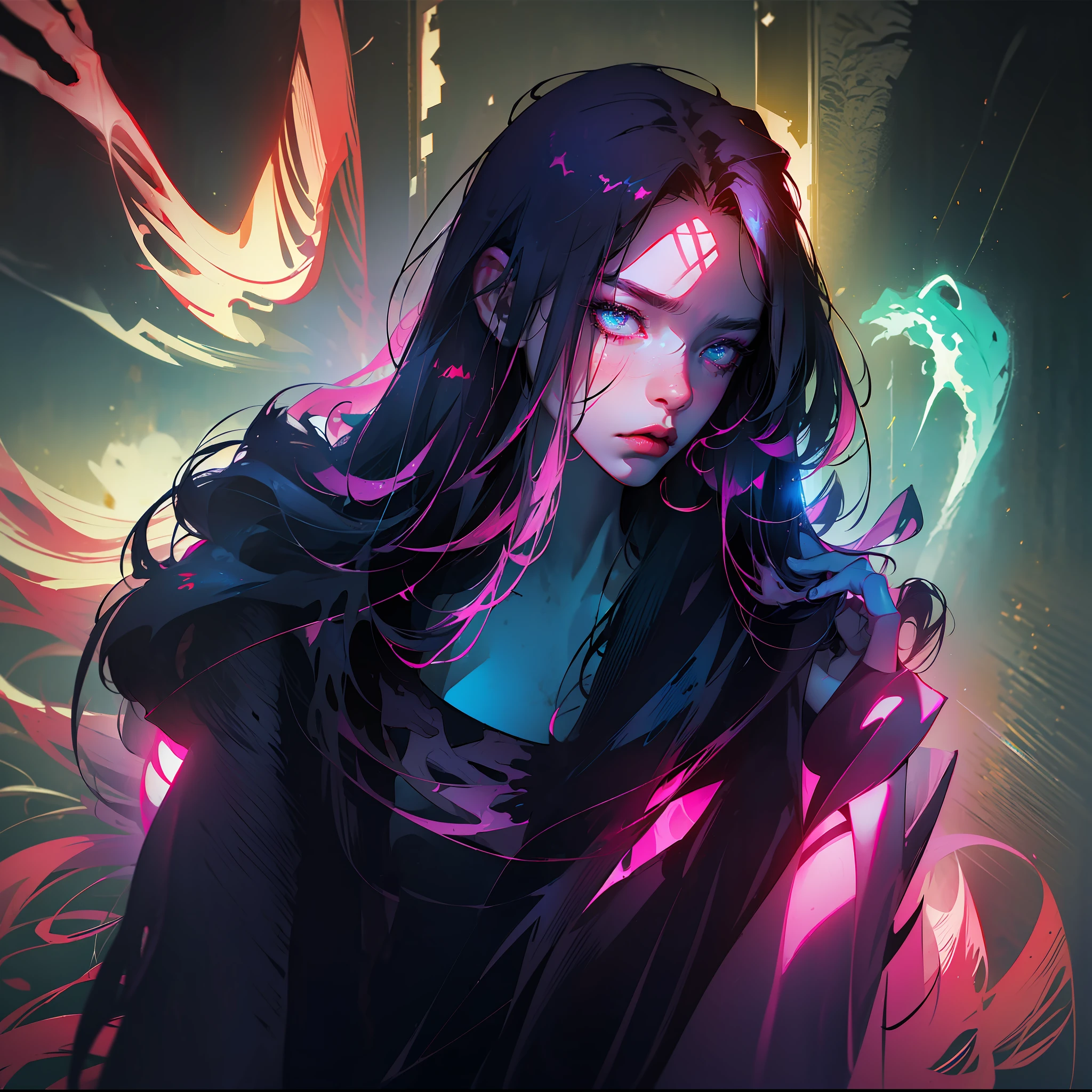 (best quality), (top quality), (dark), (full body), (melancholy), (sadness), (agony), (terror), (horror), (vibrant colors, neon), (realistic photo), (real photo) dark women's musical band --auto --s2