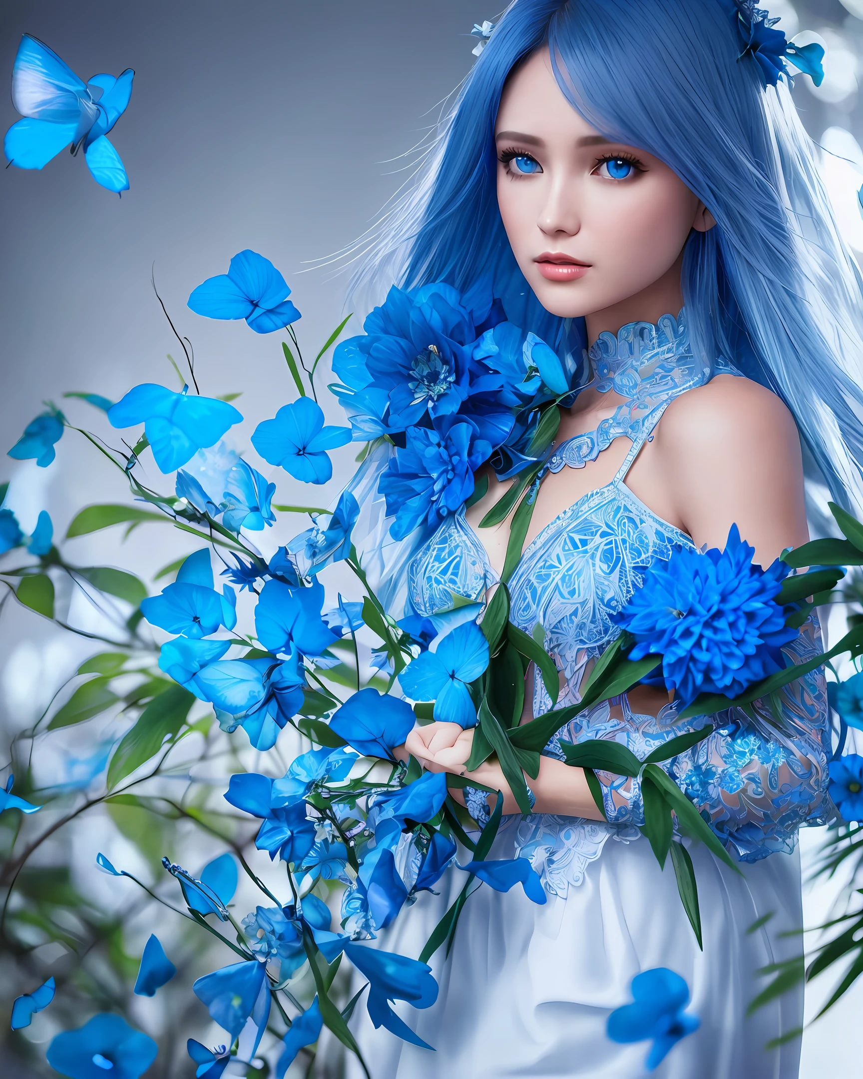 Fashion photography blue body head, flowers and birds in lush blue jungle, 3D rendering, computer graphics input,symmetrical, octane rendering, 35mm, book, 9:16, (intricate details:1.12), HDR, (intricate details, ultra-detailed:1.15), (natural skin texture, surrealism, soft light, sharp:1.2), brilliant lighting, light through plants, facing the audience, pretty blue floral dress, Beautiful blue eyes, beautiful blue hair, blue flowers in hair, blue butterflies, upper body focus, holding a withered flower