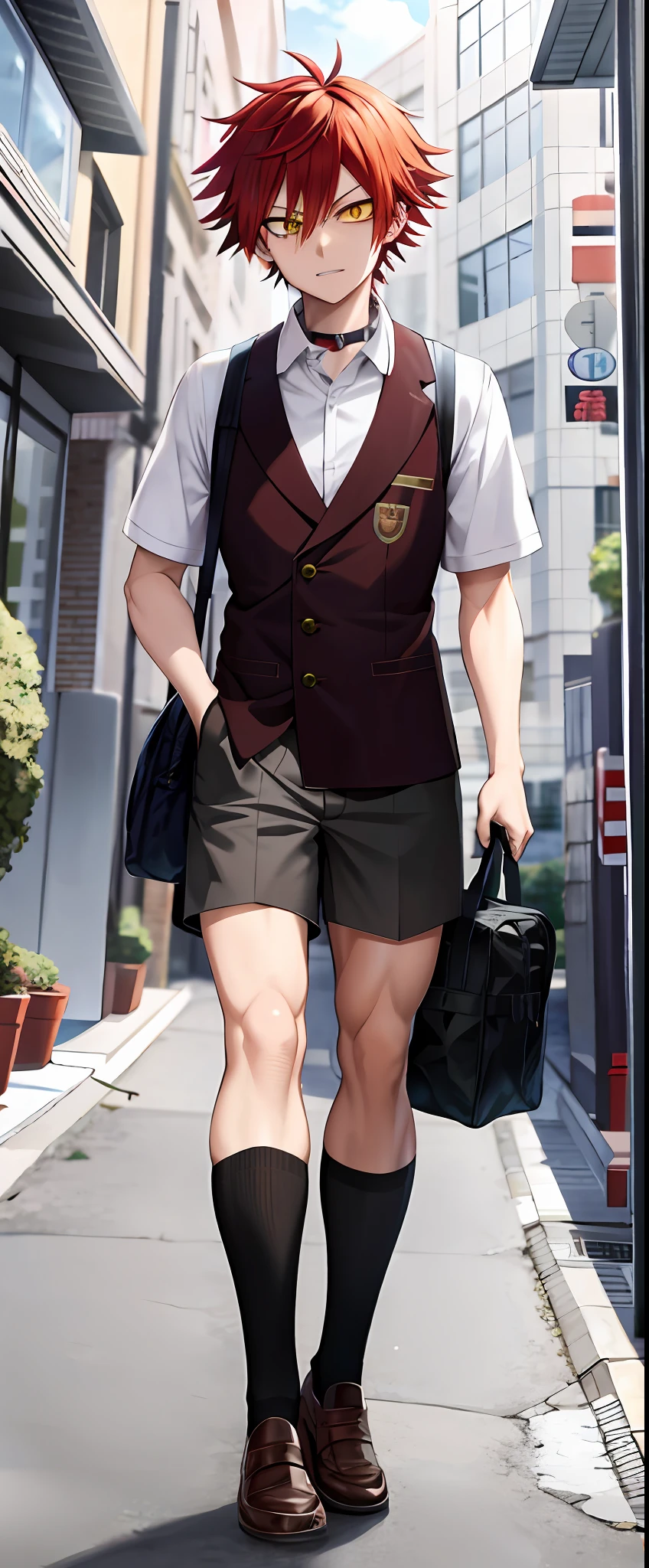 anime style uke man Red hair, glowing yellow eyes, a determined face, wearing a u.a. school uniform from my hero academia.