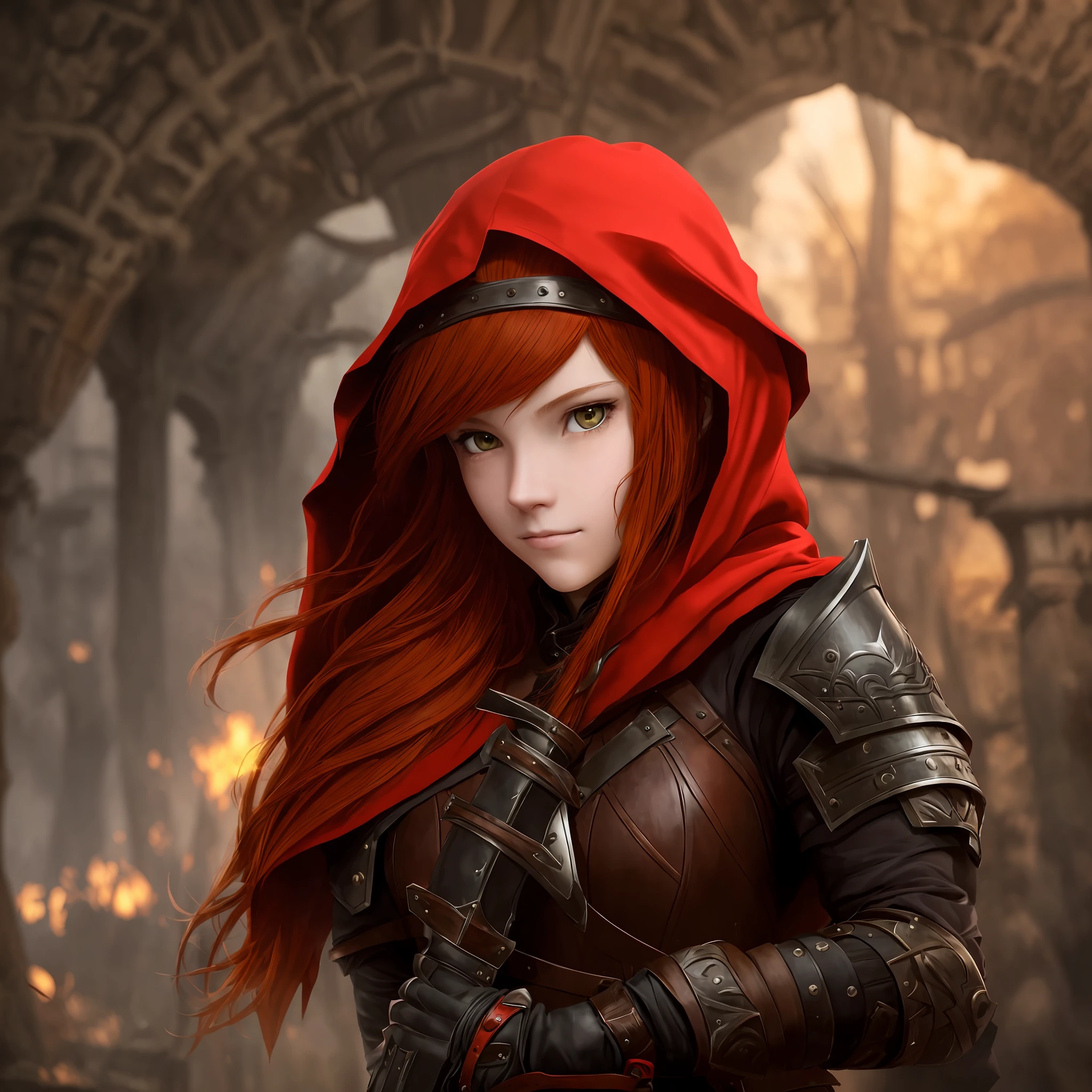 A teenage girl, with tawny skin, fiery red hair, and an enchanting gaze, donning a black hood and armor. She wears gloves, and one gloved hand rests on the hilt of a longsword secured at her waist. --auto --s2