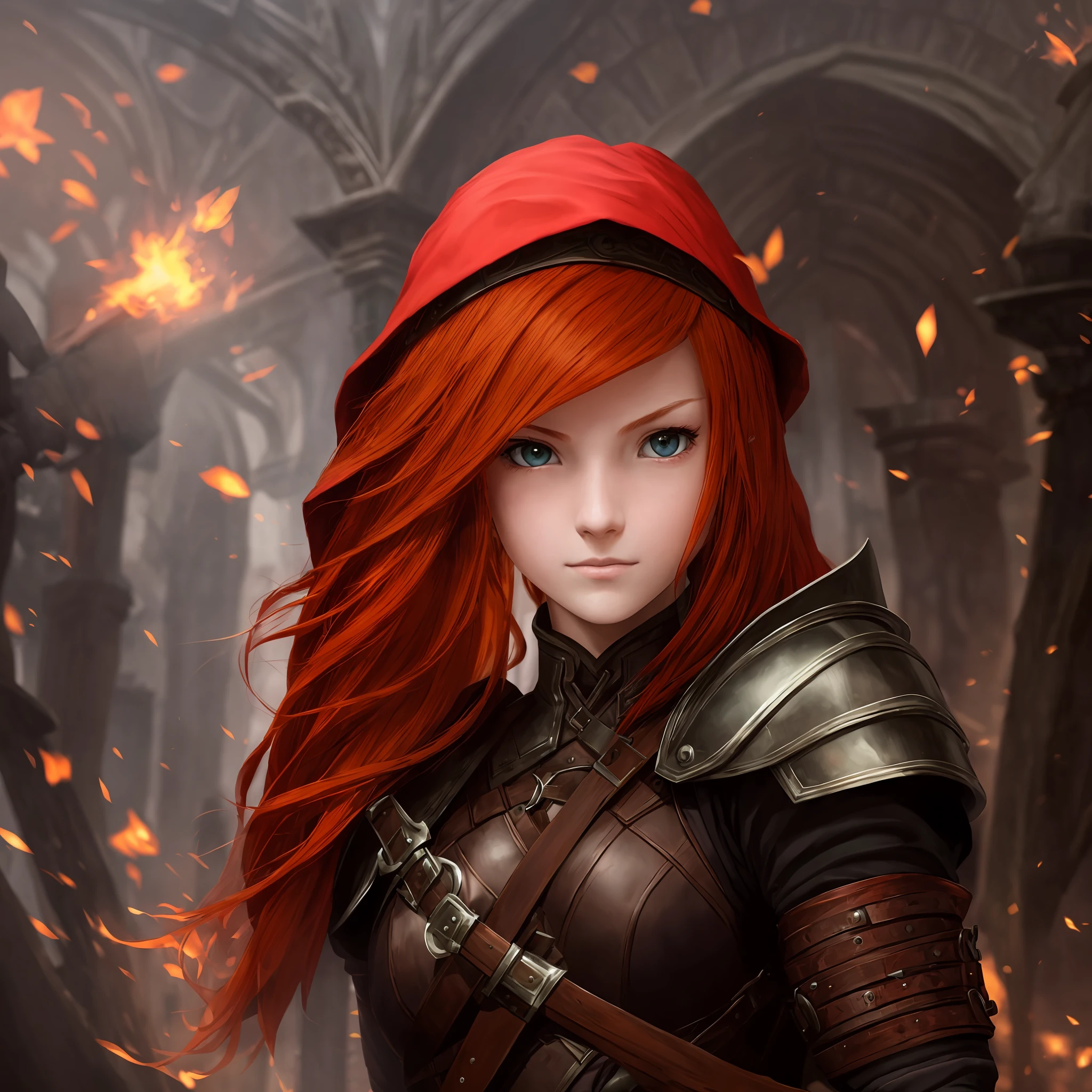 A age girl, with tawny skin, fiery red hair, and an enchanting gaze, donning a black hood and armor. She wears gloves, and one gloved hand rests on the hilt of a longsword secured at her waist. --auto --s2