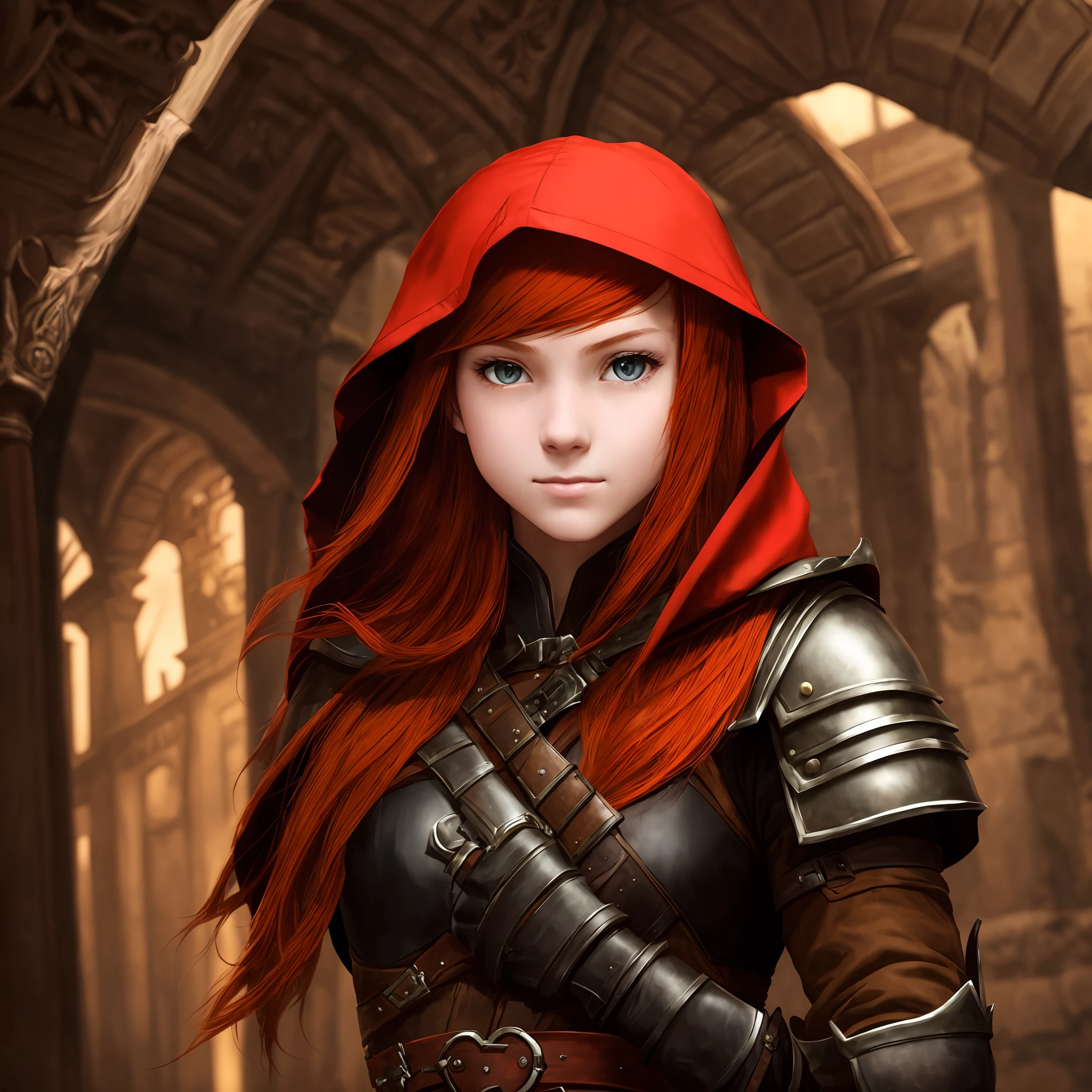 A teenage girl, with tawny skin, fiery red hair, and an enchanting gaze, donning a black hood and armor. She wears gloves, and one gloved hand rests on the hilt of a longsword secured at her waist. --auto --s2