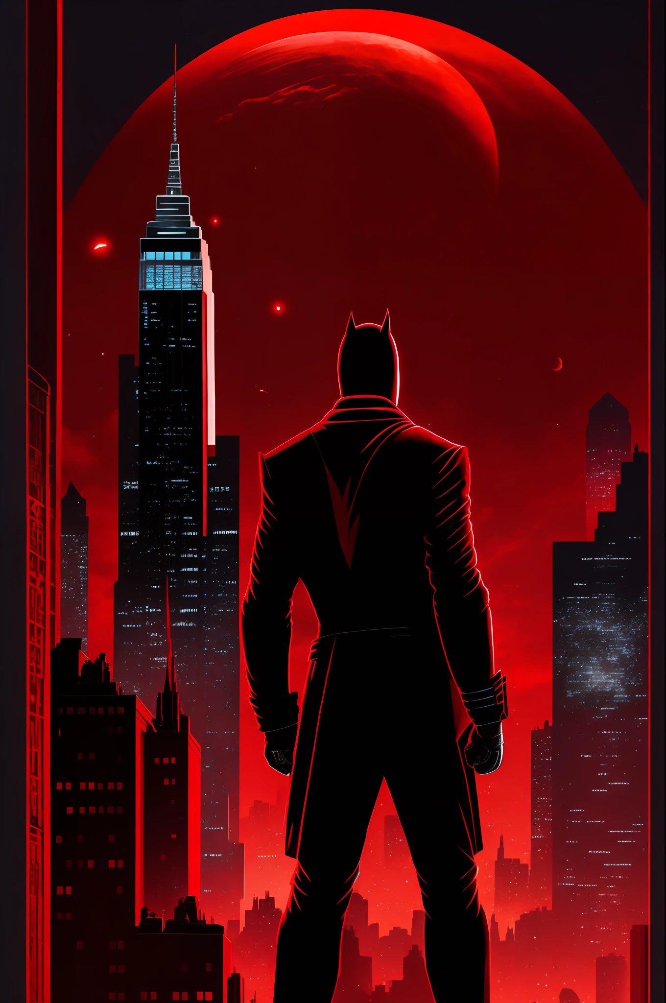 Daredevil dressed in red stands atop a New York skyscraper, with the moon setting behind him, casting a dark glow over the cityscape. In the distance, his keen senses allow him to hear the sounds of criminals committing crimes