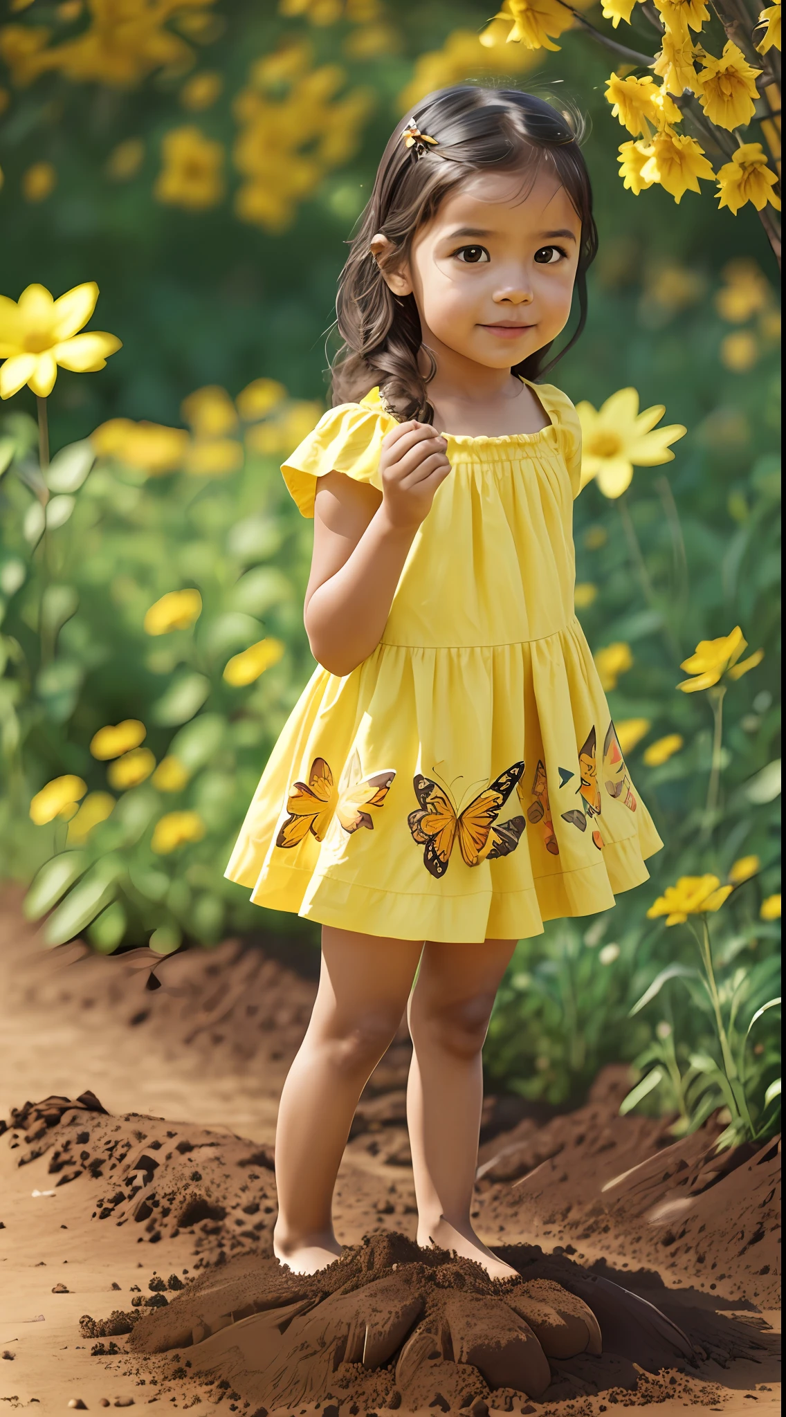 ((1)) adorable (((soil))) incredibly charming Latina with yellow flowers in hand, with lovely butterflies, birds flying by her side, enjoying a beautiful spring walk in the countryside, surrounded by beautiful yellow flowers, autumn leaves flying, trees, colorful butterflies flying, natural landscapes, photo taken all over the body. The illustration is in high definition in 8k resolution, with highly detailed facial features