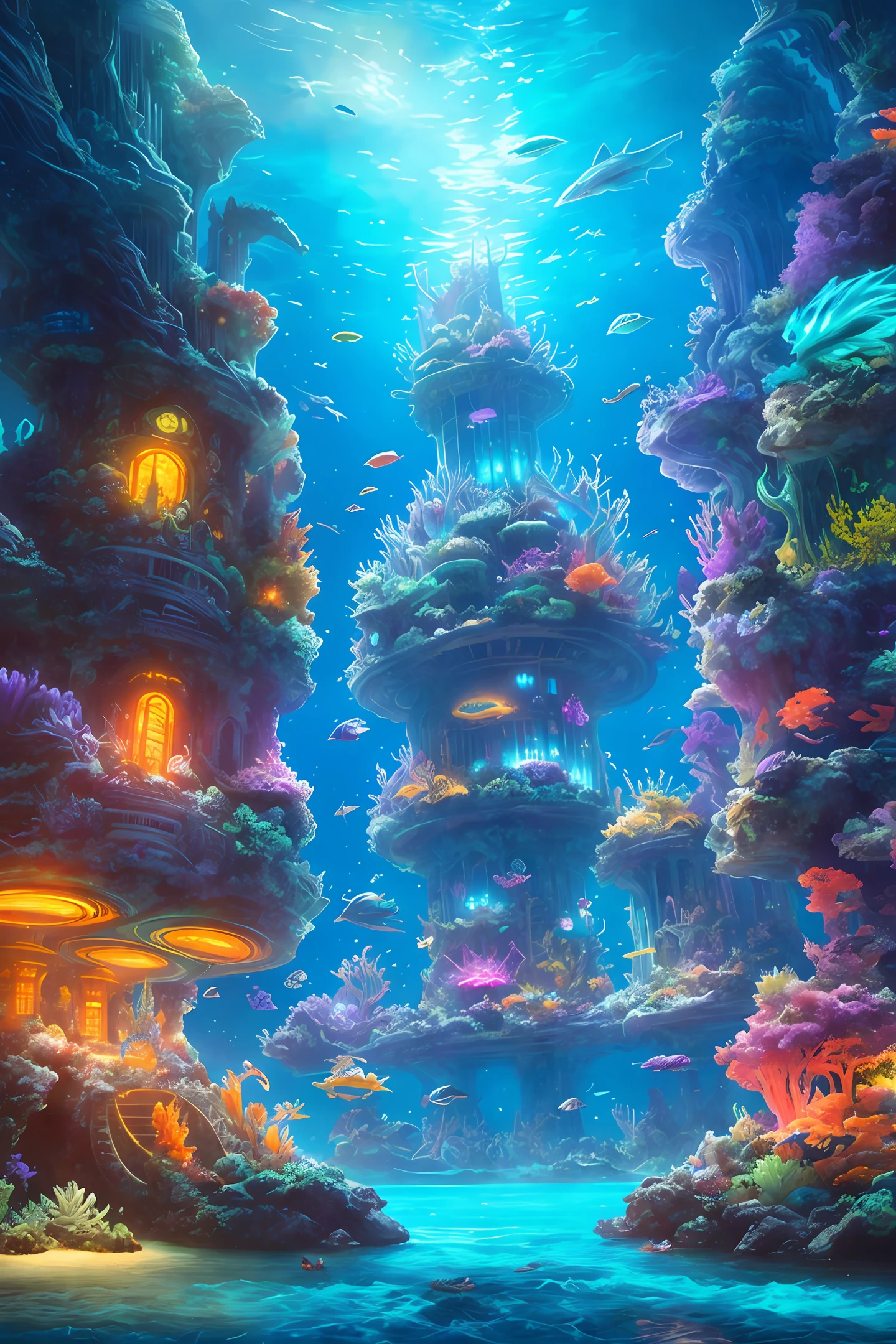 Submerged City: Located in the depths of the ocean, Thalassia is an elven city that shines with the light of bioluminescent corals. Glass towers and seaweed make up the magical architecture of this underwater city. art style Frank Frazetta
