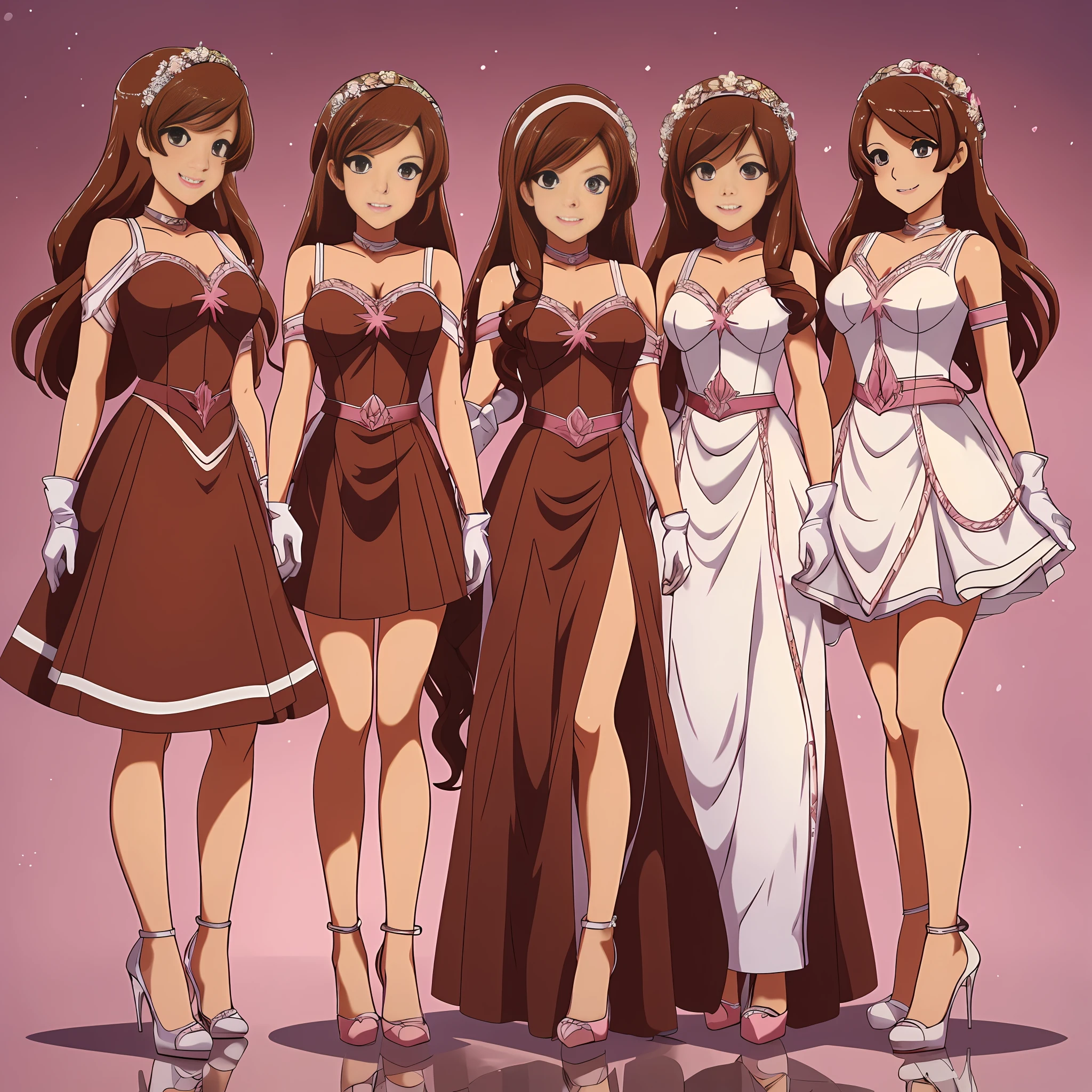 perfect anime illustration, multiple girls, clones, identical sisters, brown hair, curly hair, long hair, matching hairstyle, hazel eyes, smiling, pink sleeveless dresses, elegant dresses, white arm length gloves, high heels, highres, full body, bare legs, neat rows of sisters, extremely detailed faces