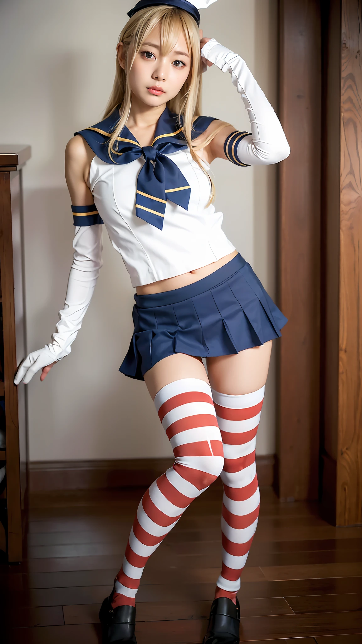 (Best quality, 8k, 32k, Masterpiece, UHD:1.2), (realistic), (photorealistic:1.2), ultra-detailed, extremely beautiful face & eyes, shimakaze, blonde hair, striped thighhighs, microskirt, elbow gloves, sailor collar, anchor hair ornament, highleg panties, black panties, loli, 1girl, round small face, slim proportions, Photo of Pretty Japanese woman, (shimakaze, blonde hair, striped thighhighs, microskirt, elbow gloves, sailor collar, anchor hair ornament, highleg panties, black panties),