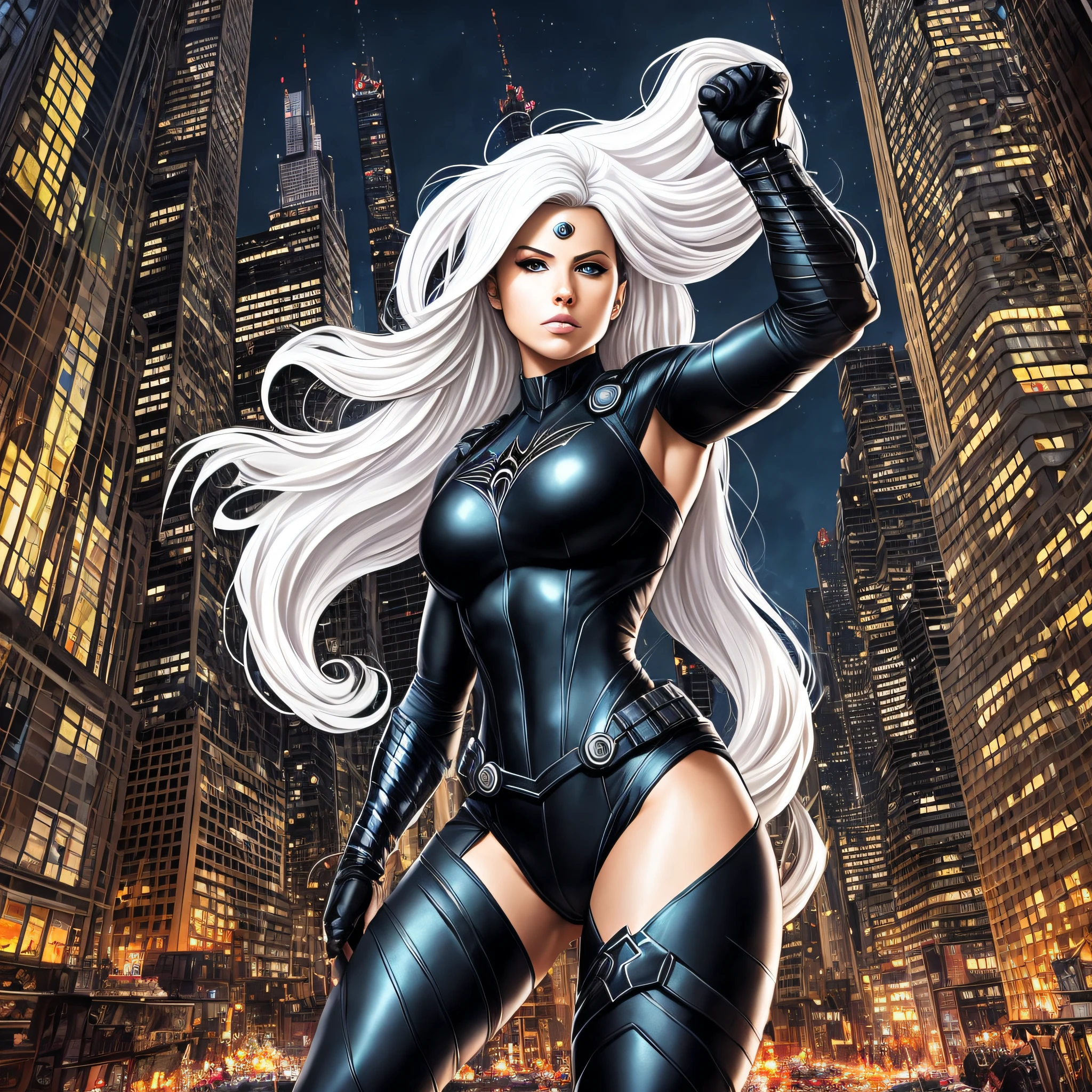 Angelina jolie (Masterpiece, 4k resolution, ultra-realistic, very detailed), (Black superhero theme, charismatic, there's a girl on top of town, wearing black widow costume, she's a superhero), [ ((25 years), (long white hair:1.2), full body, ((action pose),show of strength, jump from one building to another), ((sandy urban environment):0.8)| (cityscape, at night, dynamic lights), (full moon))] # Explanation: The Prompt mainly describes a 4K painting of ultra-high definition, very realistic, very detailed. It shows a superheroine at the top of the city, wearing a black widow costume. The theme in the painting is a black superhero theme, the female protagonist has long white hair, is 25 years old and her entire body is shown in the painting. In terms of portraying the actions of superheroines, spiders are employed --auto --s2
