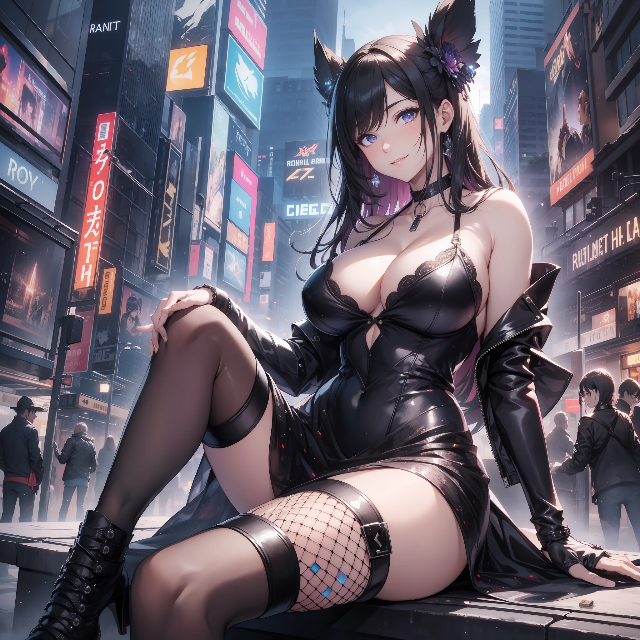 16K, HDR, RTX, raytracing, natural lighting, absurdres, best quality masterpiece, cowboy shot, perfect anatomy, highly detailed face, detailed eyes, 1girl, solo, beautiful sequin dress, sitting on bench, stylish, big boobs, cleavage, choker, long colored hair, extreme beautiful, edgy, cool, windy, glowing eyes, smiling expressions, skyscrapers, award winning, neon lights, trending on art station,