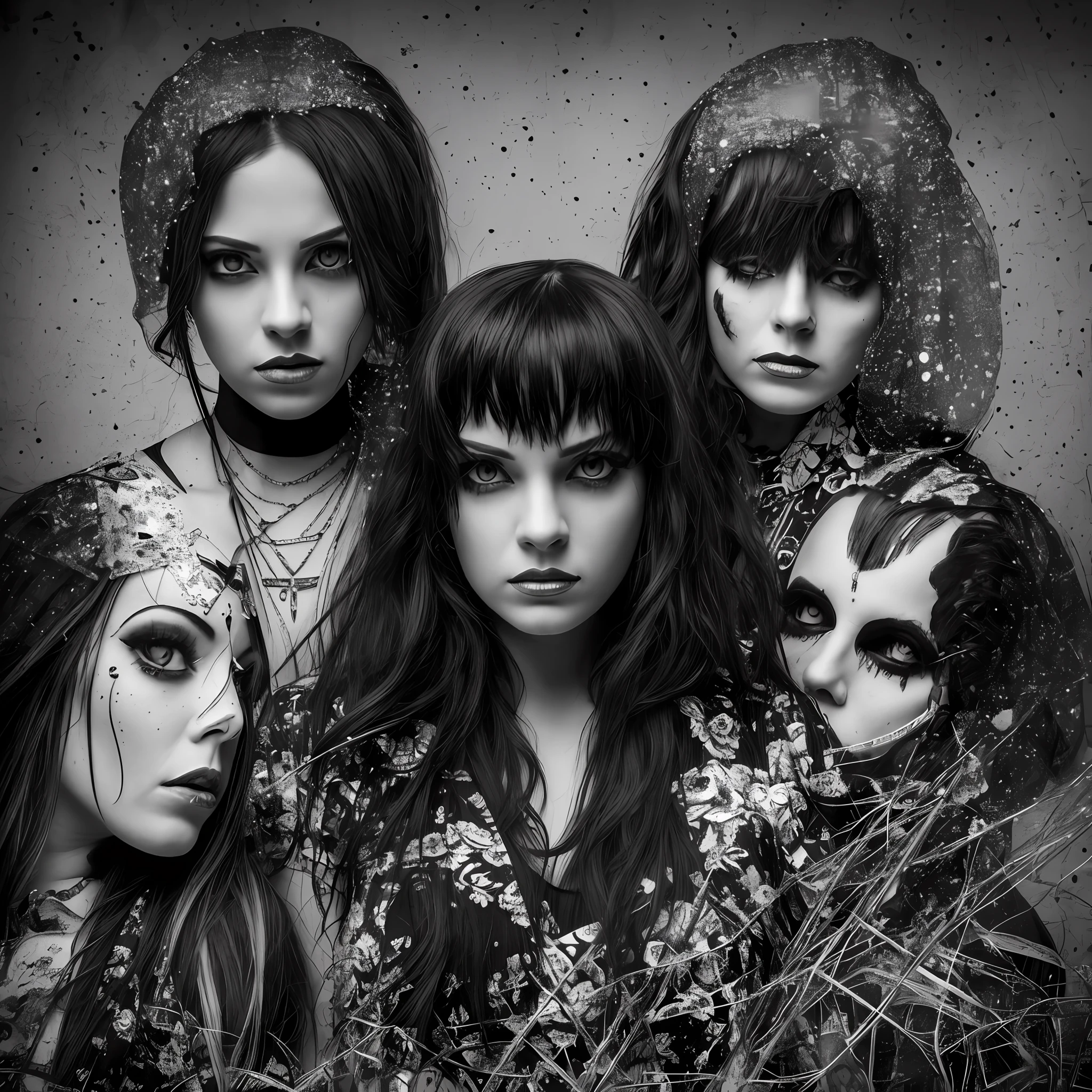 (best quality), (top quality), (dark), (whole body), (melancholy), (sadness), (agony), (terror), (horror), (black and white), (realistic photo), (real photo) dark women's musical band. --auto --s2