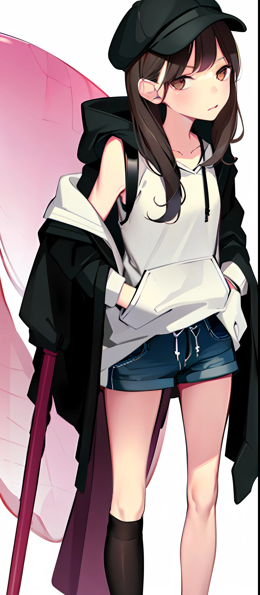 (Masterpiece:1.2, high quality),Slender girl,
1girl, ,solo, hat, brown hair, bag, long hair, shorts, white background, full body, shoes, simple background, short shorts, black headwear, hood, brown eyes, dolphin shorts, sneakers, breasts, jacket, off shoulder, socks, black shorts, standing, white footwear, sports bra, hoodie, looking at viewer, blush, bangs, beret, small breasts, hand in pocket, brown hoodie, open clothes, shoulder bag, long sleeves, hood down, bare shoulders, closed mouth