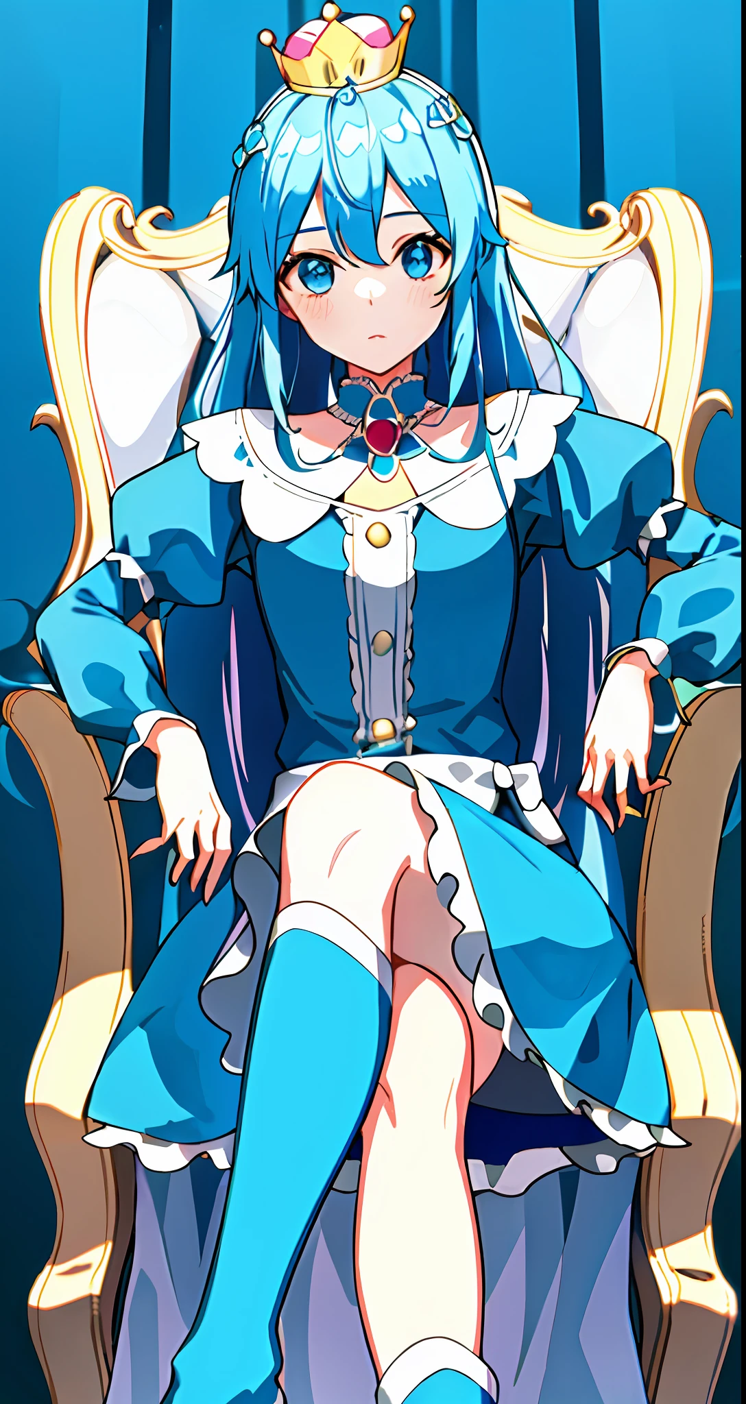 A princess girl in a super stylish blue outfit with a crown on her head sitting on a throne