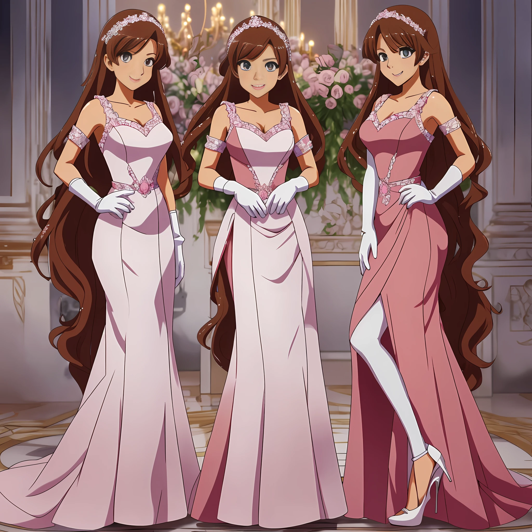 perfect anime illustration, multiple girls, clones, identical sisters, brown hair, curly hair, long hair, matching hairstyle, hazel eyes, smiling, pink sleeveless dresses, long dresses, elegant dresses, white arm length gloves, high heels, highres, full body, bare legs, neat rows of sisters, extremely detailed faces