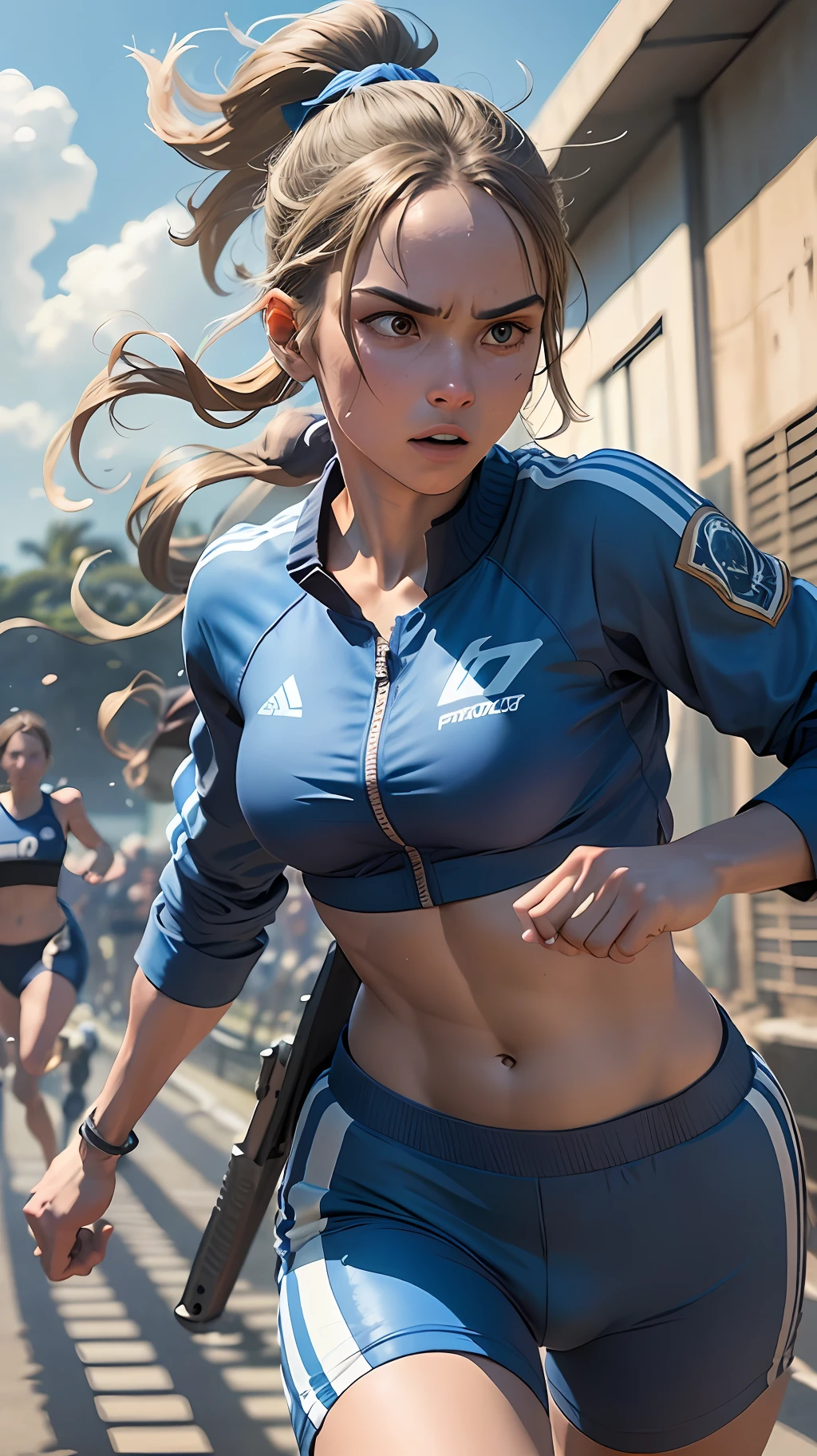 action, daylight, a high school sprinter with a blue tracksuit and a ponytail who loves to run and always advances no matter the obstacle, a tropical island with weapons and supplies from Free Fire, 16k, cartoon