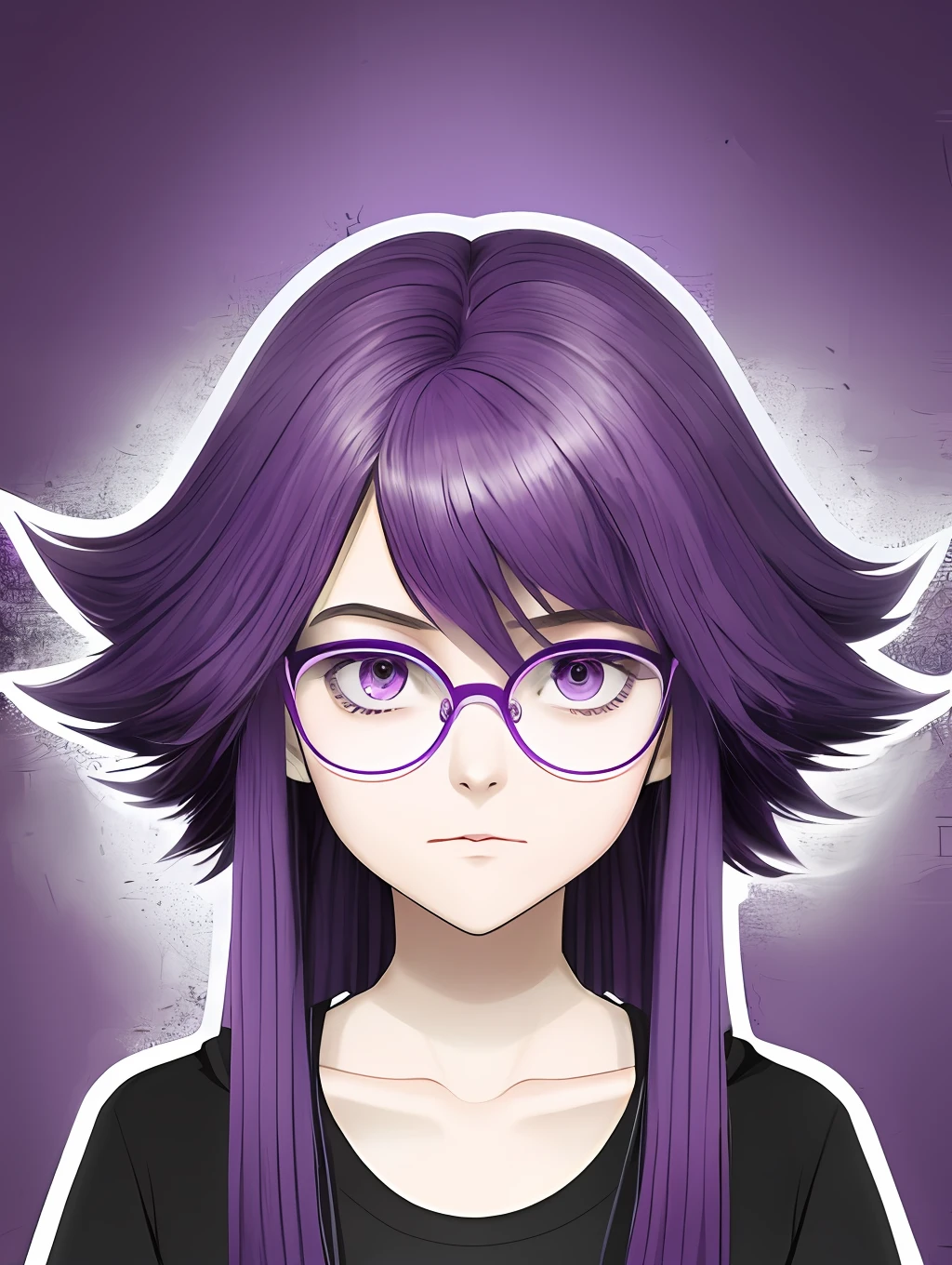 A drawing of a girl with purple hair and glasses, she has purple hair, like an anime character, 2D anime style, dark and depressed, in an anime style, "UKU the prismatic person, female protagonist: 8, pin in anime, anime style only, flat anime style, dark style, (pale young ghost girl)