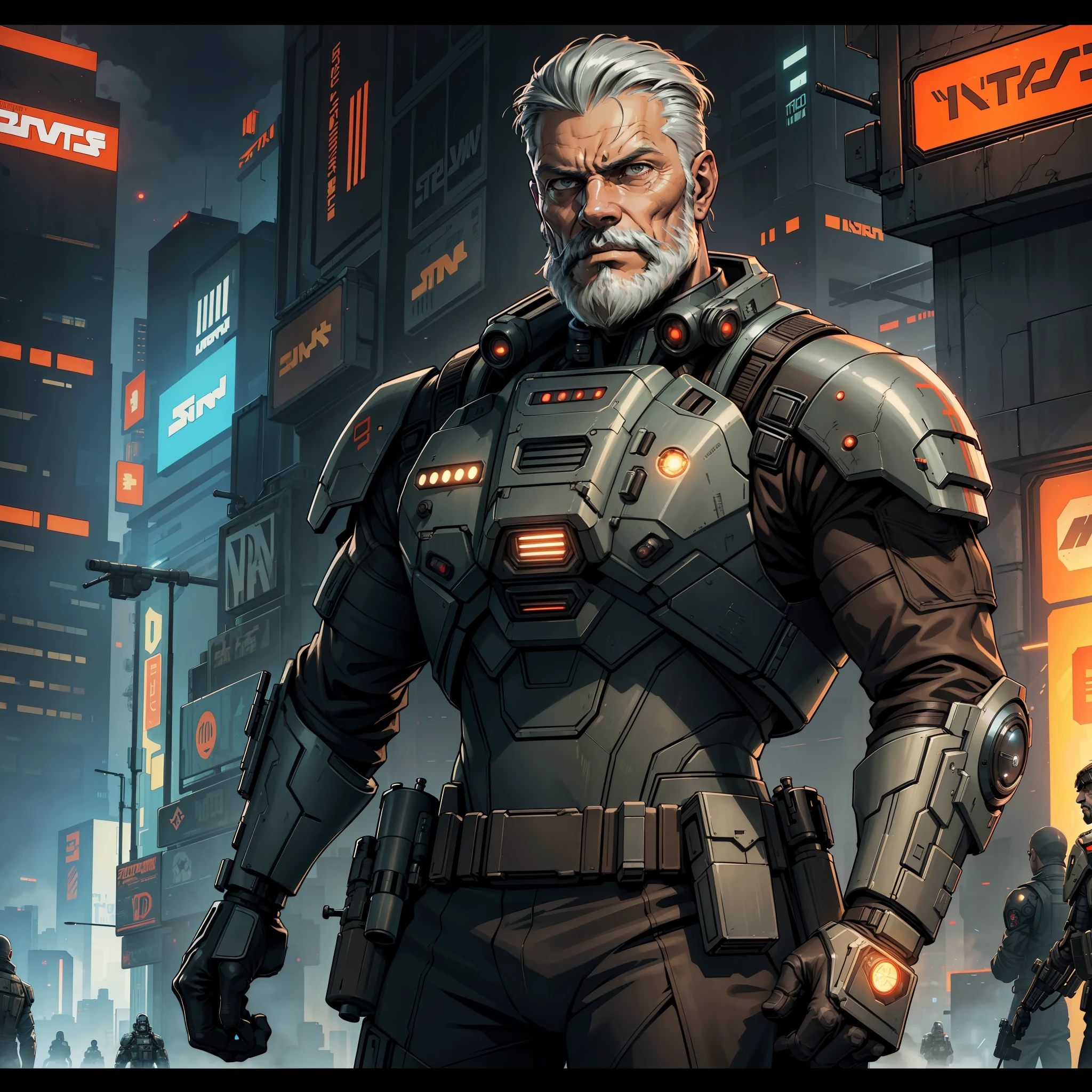 "(((Brown Cyberpunk Tactical Suit:1))) (1man) Dark Theme :: Focus on Face Closeup, Indifferent Face, :: Stephen Lang's Face, Short Gray Hair Military Cut :: Gray Beard and Mustache, :: Ultra Realistic Futuristic Soldier scifi cyberpunk shadowrun strongman, ((star war background, scifi high tech cyberpunk)) :: cool cybernetic brown tactical armor suit :: natural lighting :: bokeh :: 8k :: best quality :: masterpiece ::  insanely detailed:1.5"
