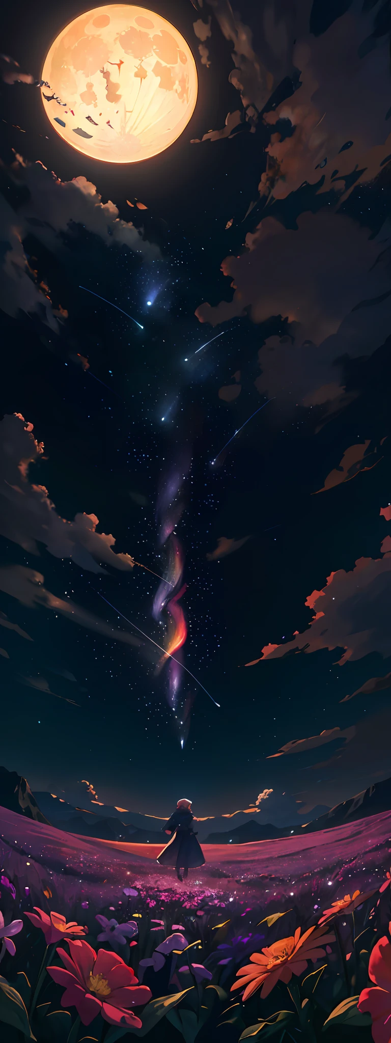 Vast landscape photo, (viewed from below, the sky is above and the open field is below), a girl standing on a flower field looking up, (full moon: 1.2), (meteor: 0.9), (nebula: 1.3), distant mountains , Trees BREAK Crafting Art, (Warm Light: 1.2), (Fireflies: 1.2), Lights, Lots of Purple and Orange, Intricate Details, Volumetric Lighting, Realism BREAK (Masterpiece: 1.2), (Best Quality), 4k, Ultra-Detailed, (Dynamic Composition: 1.4), Very Detailed, Colorful Details, (Rainbow Colors: 1.2), (Glow Lighting, Atmospheric Lighting), Dreamy, Magical, (Solo: 1.2)