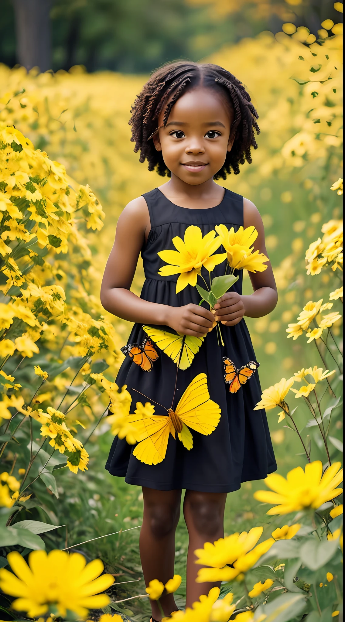 ((1)) adorable  black girl incredibly charming, yellow flowers in hand, with lovely butterflies flying, birds flying, enjoying a beautiful spring ride in the countryside, surrounded by beautiful yellow flowers, autumn leaves flying, trees, colorful butterflies flying, natural landscapes, photo taken full body. The illustration is in high definition in 8k resolution, with highly detailed facial features