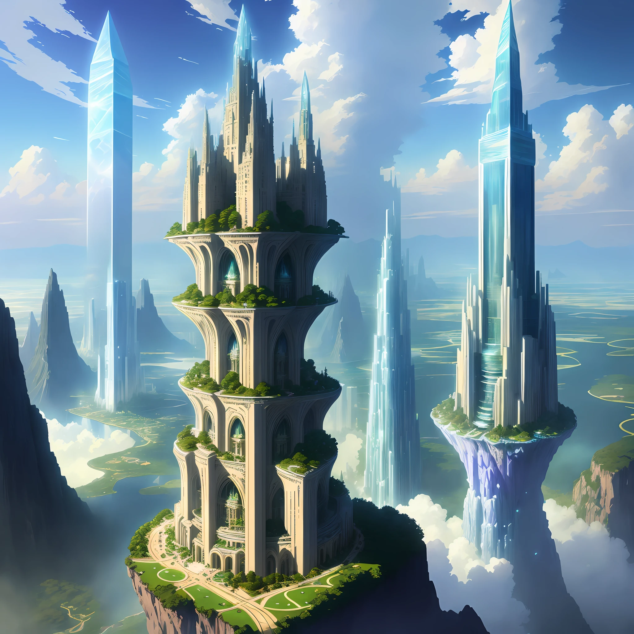 City of Celestial Towers: Nysalin rises majestically among the clouds, its translucent crystal spiers reflecting sunlight, creating a dazzling panorama. Floating gardens and heavenly waterfalls complete this heavenly landscape. Art style Jean Giraud