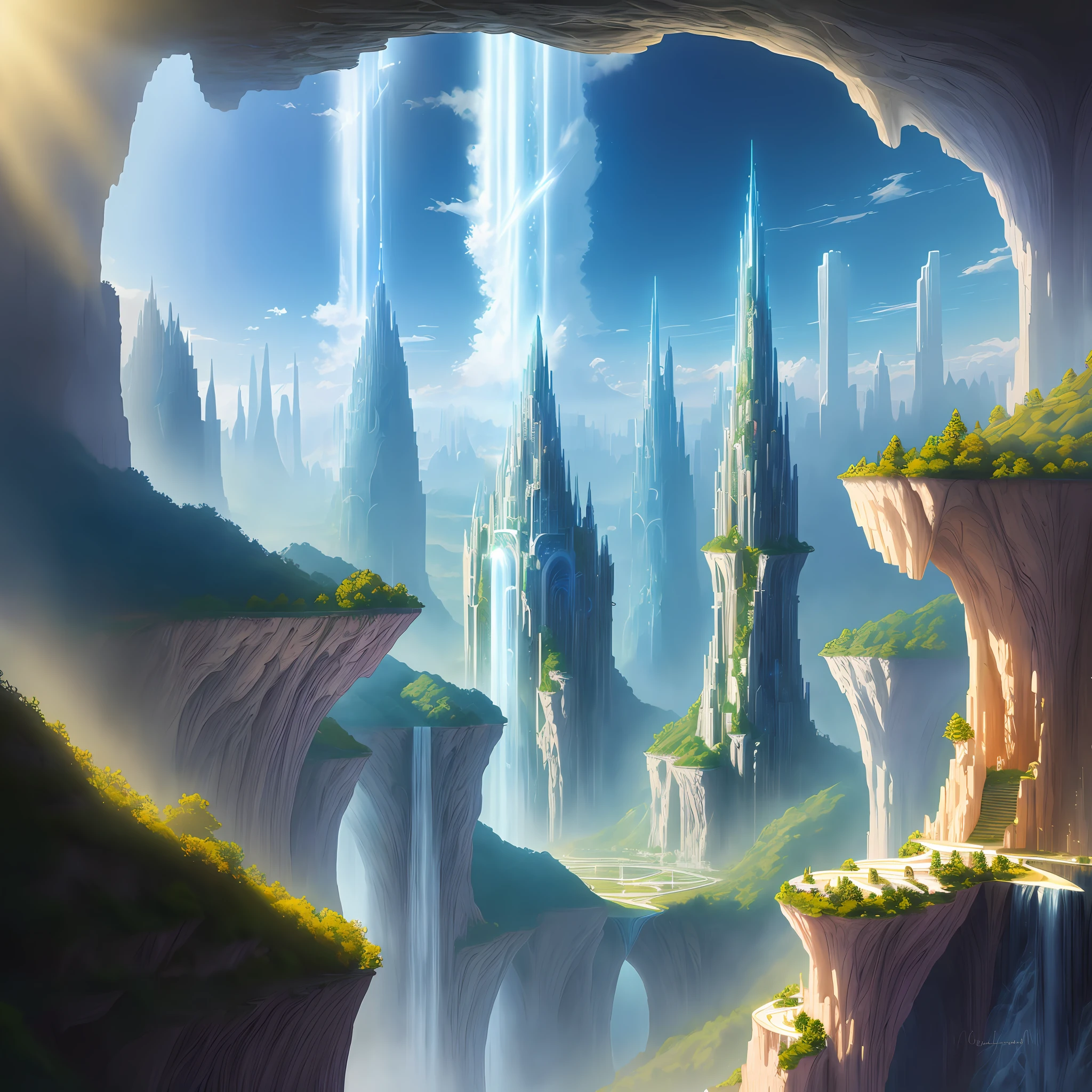 City of Celestial Towers: Nysalin rises majestically among the clouds, its translucent crystal spiers reflecting sunlight, creating a dazzling panorama. Floating gardens and heavenly waterfalls complete this heavenly landscape. Art style Jean Giraud