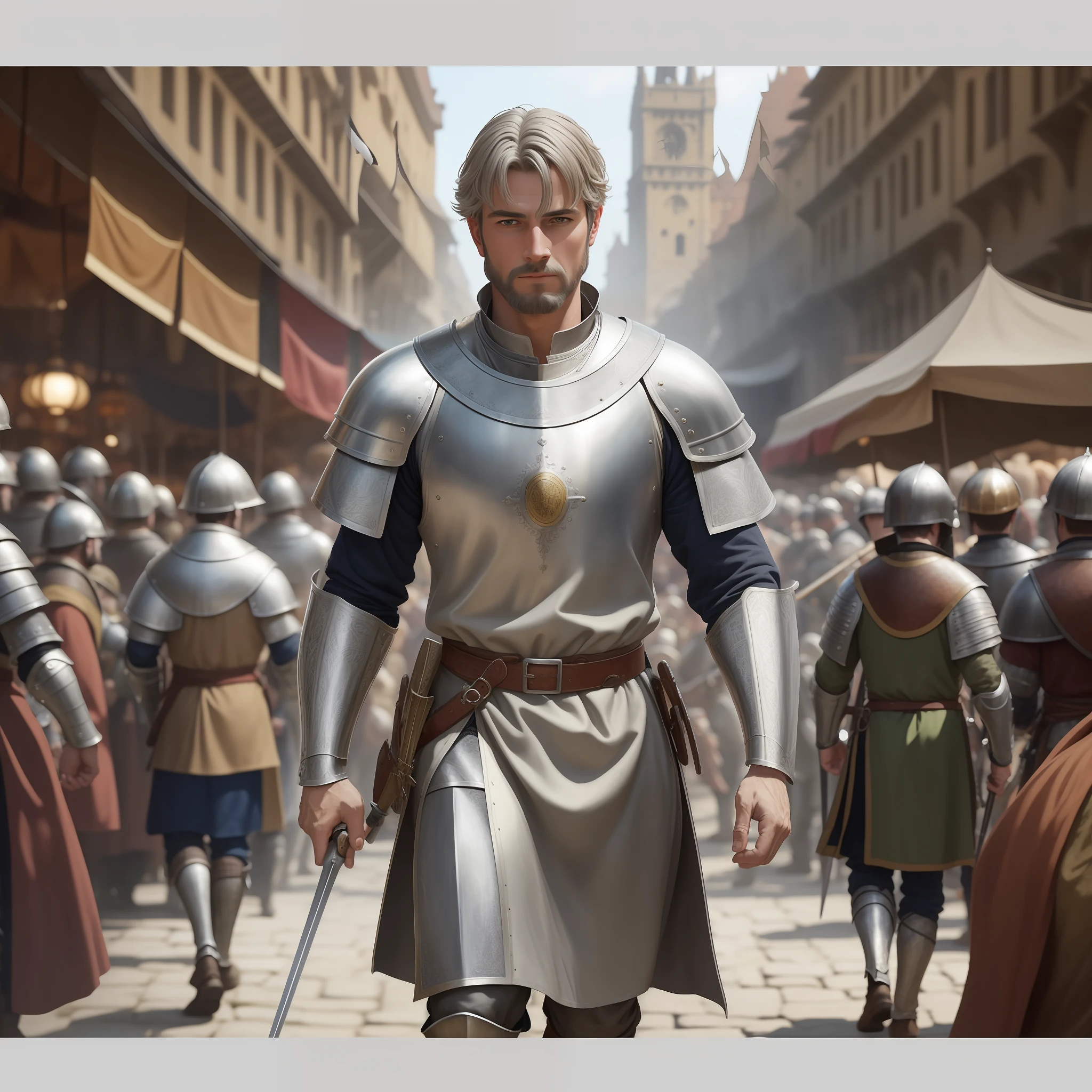 (Very detailed and high quality photos, masterpiece, best quality, 8k), Medieval European male knight in grey tunic walking in a crowded or nobles in a Medieval European market
